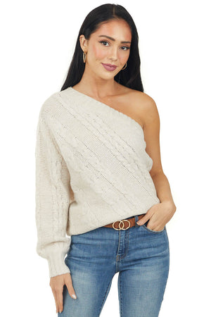 Desert Sand One Shoulder Cable Knit Sweater