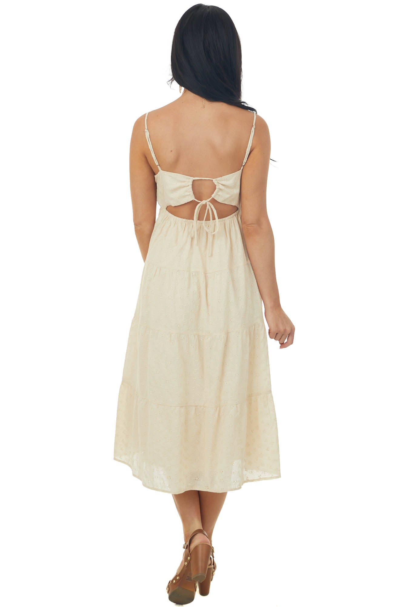 Desert Sand Sleeveless Eyelet Lace Midi Dress