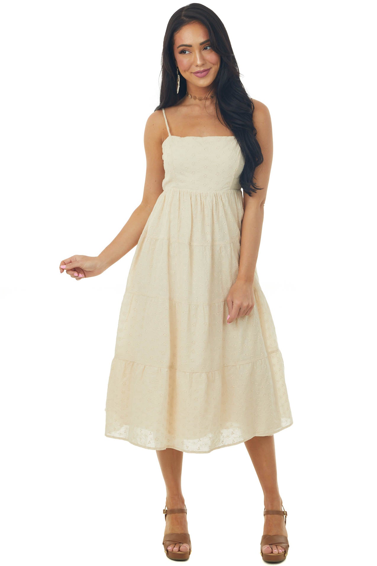 Desert Sand Sleeveless Eyelet Lace Midi Dress