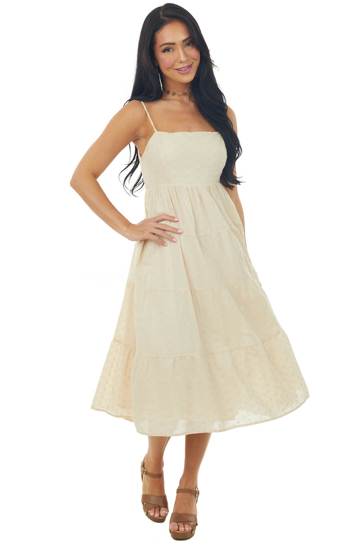 Desert Sand Sleeveless Eyelet Lace Midi Dress