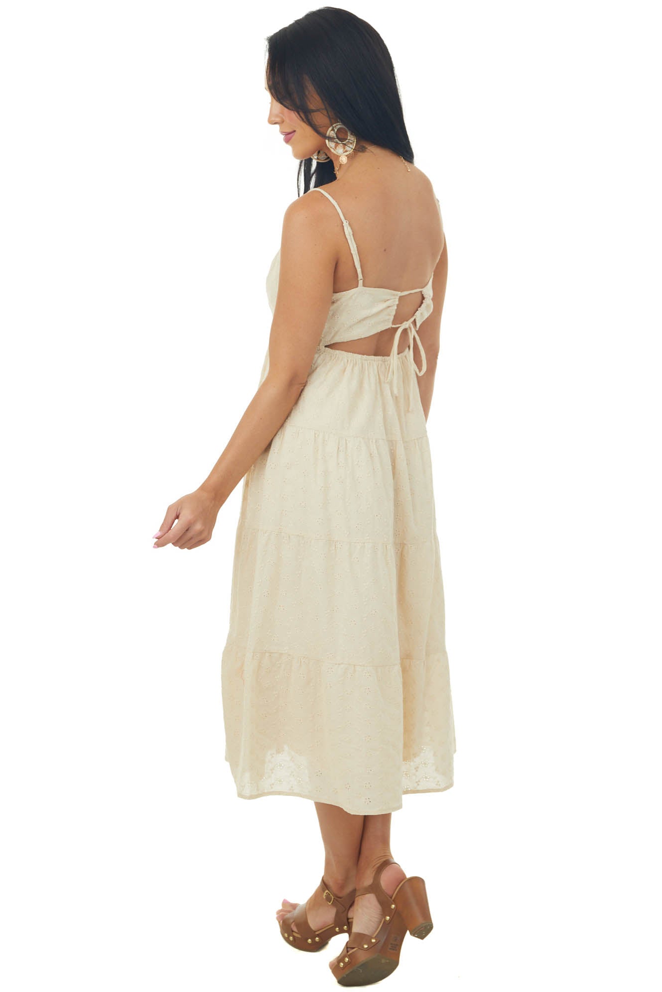 Desert Sand Sleeveless Eyelet Lace Midi Dress