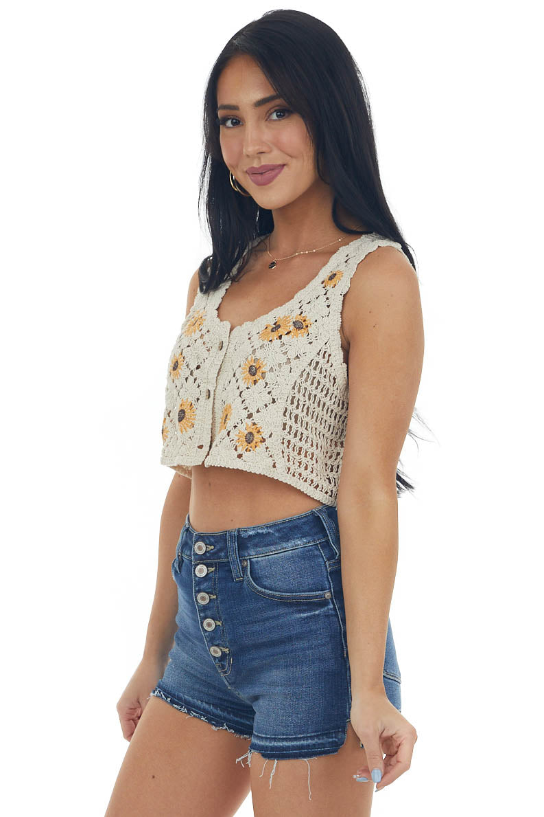 Desert Sand Sunflower Crochet Cropped Tank Top