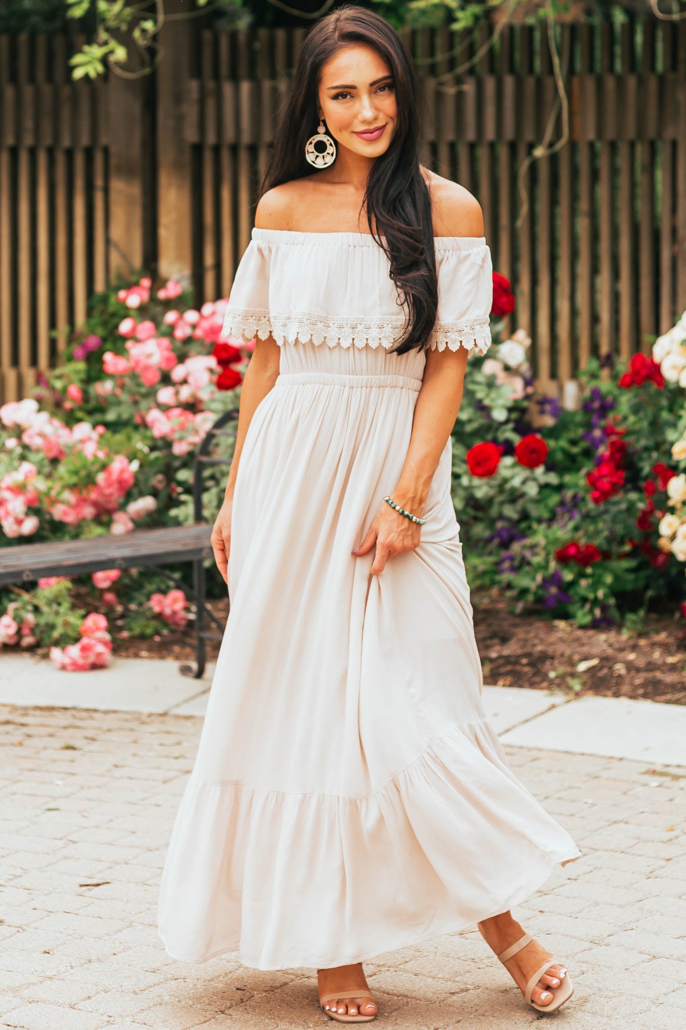 Desert Sand Off Shoulder Lace Detail Maxi Dress