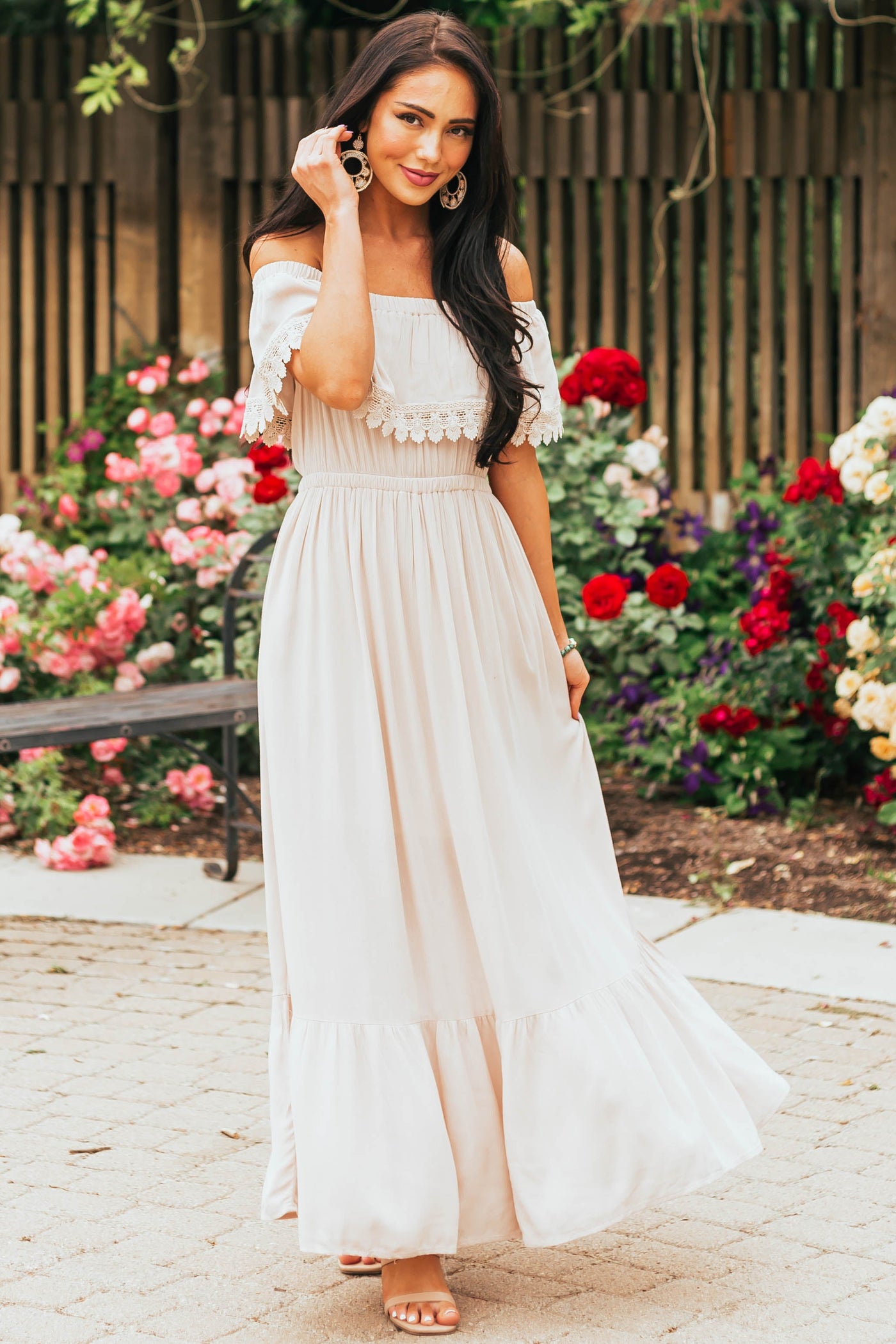 Desert Sand Off Shoulder Lace Detail Maxi Dress