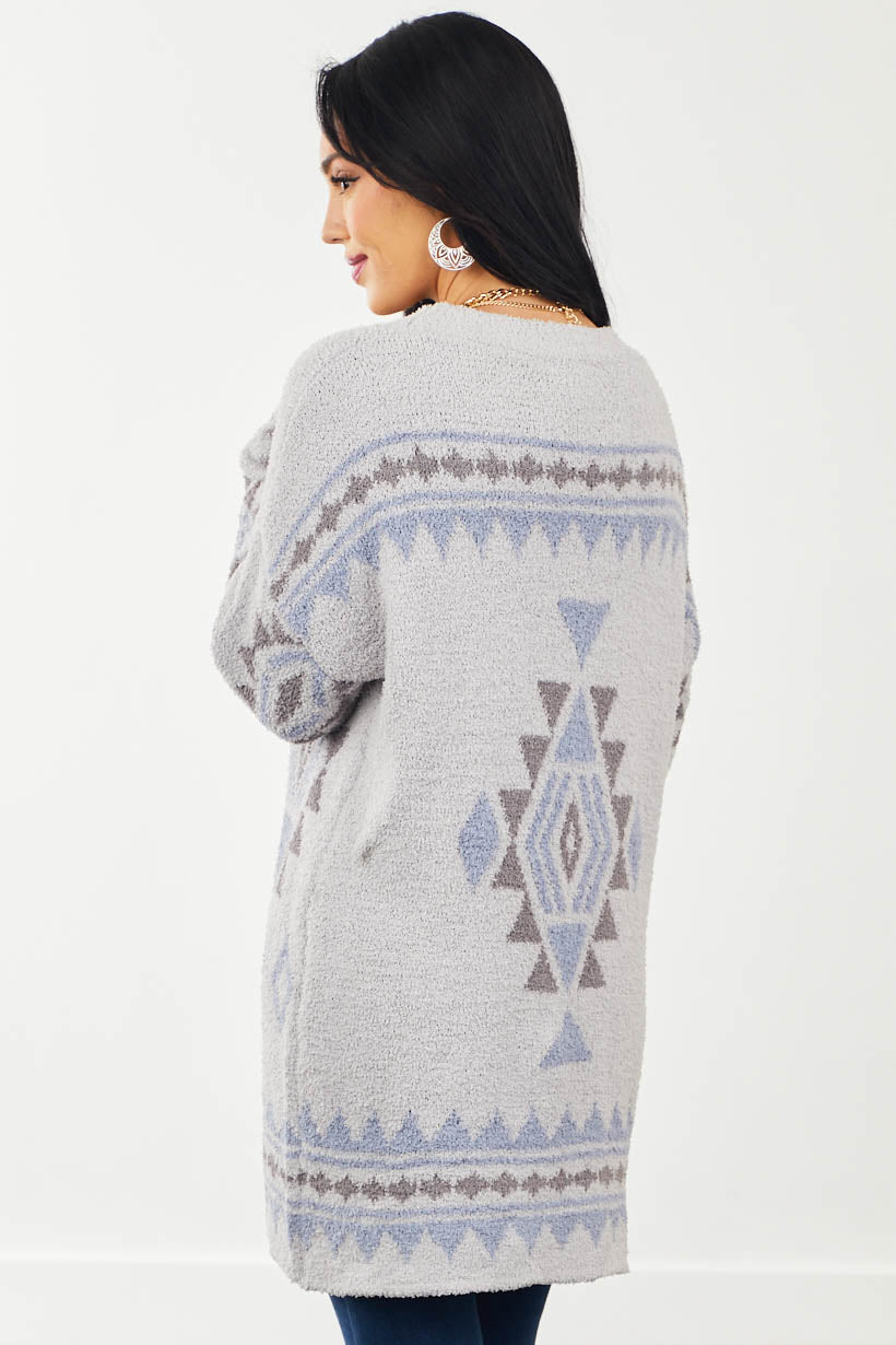 Dove Grey Aztec Print Fuzzy Knit Cardigan