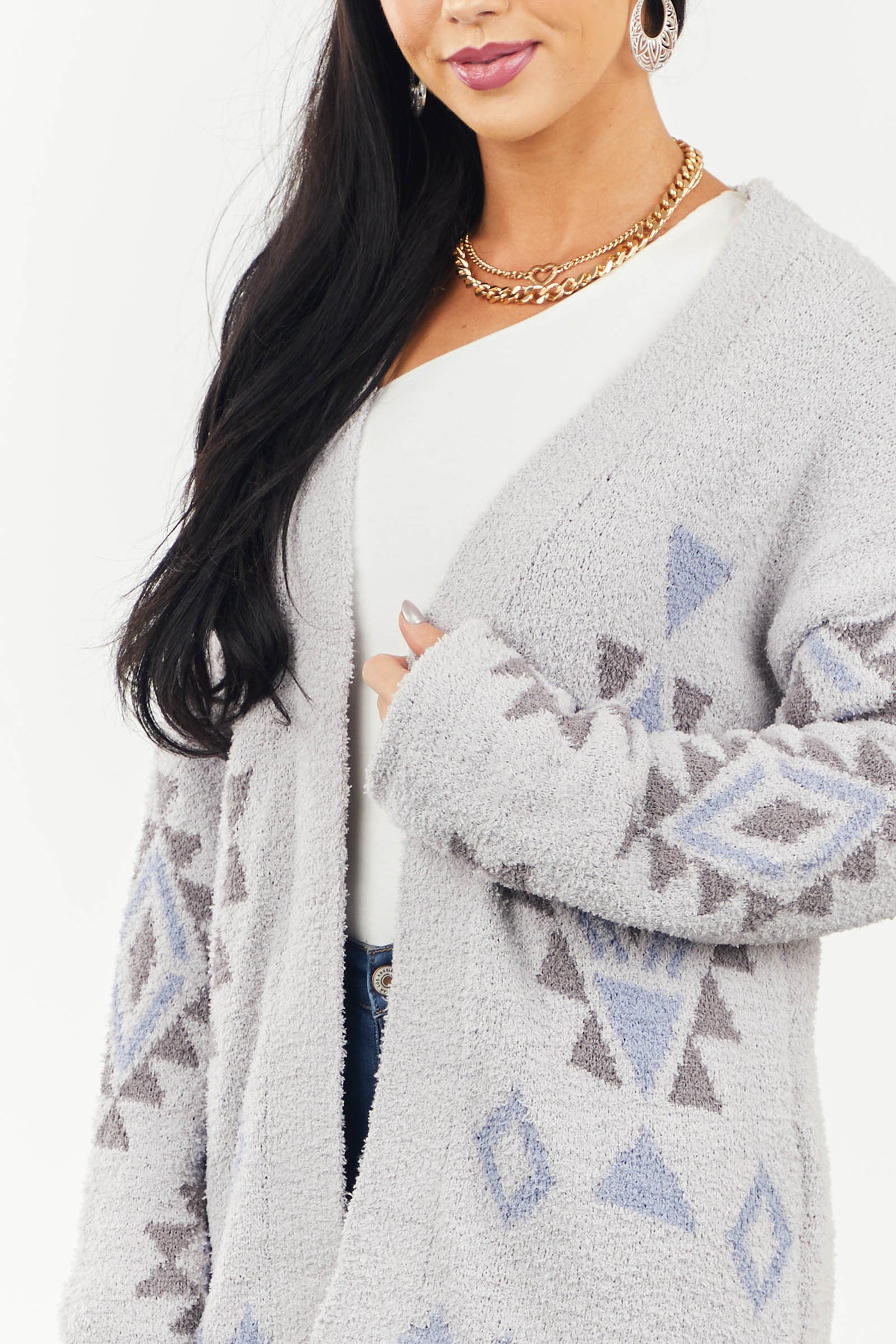 Dove Grey Aztec Print Fuzzy Knit Cardigan