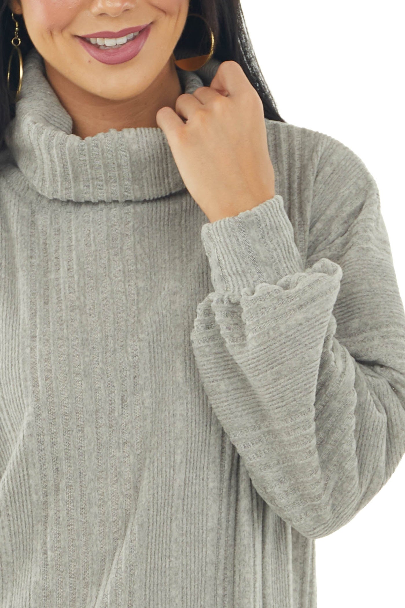 Dove Grey Brushed Long Sleeve Loose Knit Short Sweater Dress