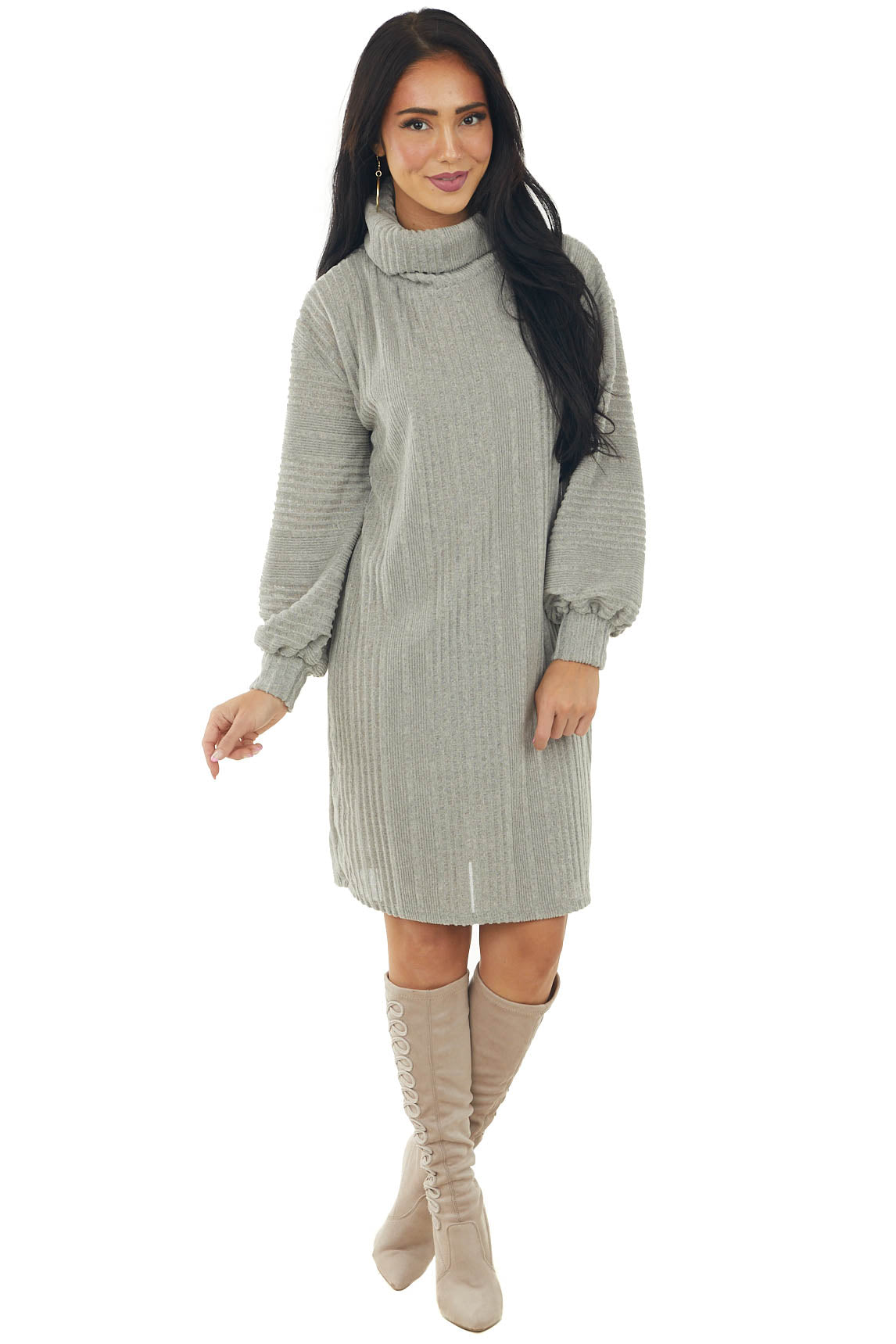 Dove Grey Brushed Long Sleeve Loose Knit Short Sweater Dress
