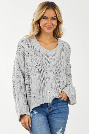Dove Grey Drop Shoulder Cropped Cable Knit Sweater