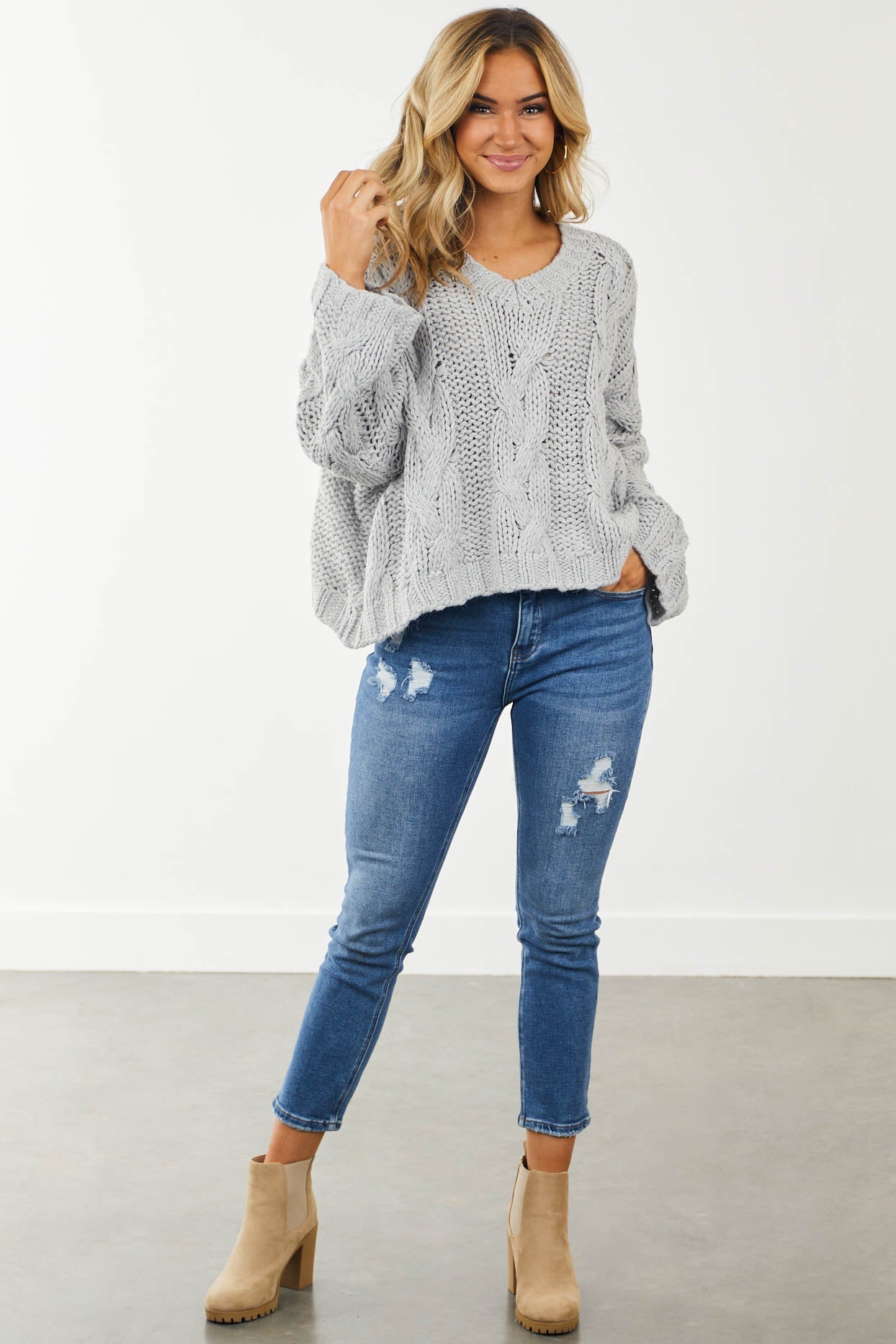 Dove Grey Drop Shoulder Cropped Cable Knit Sweater