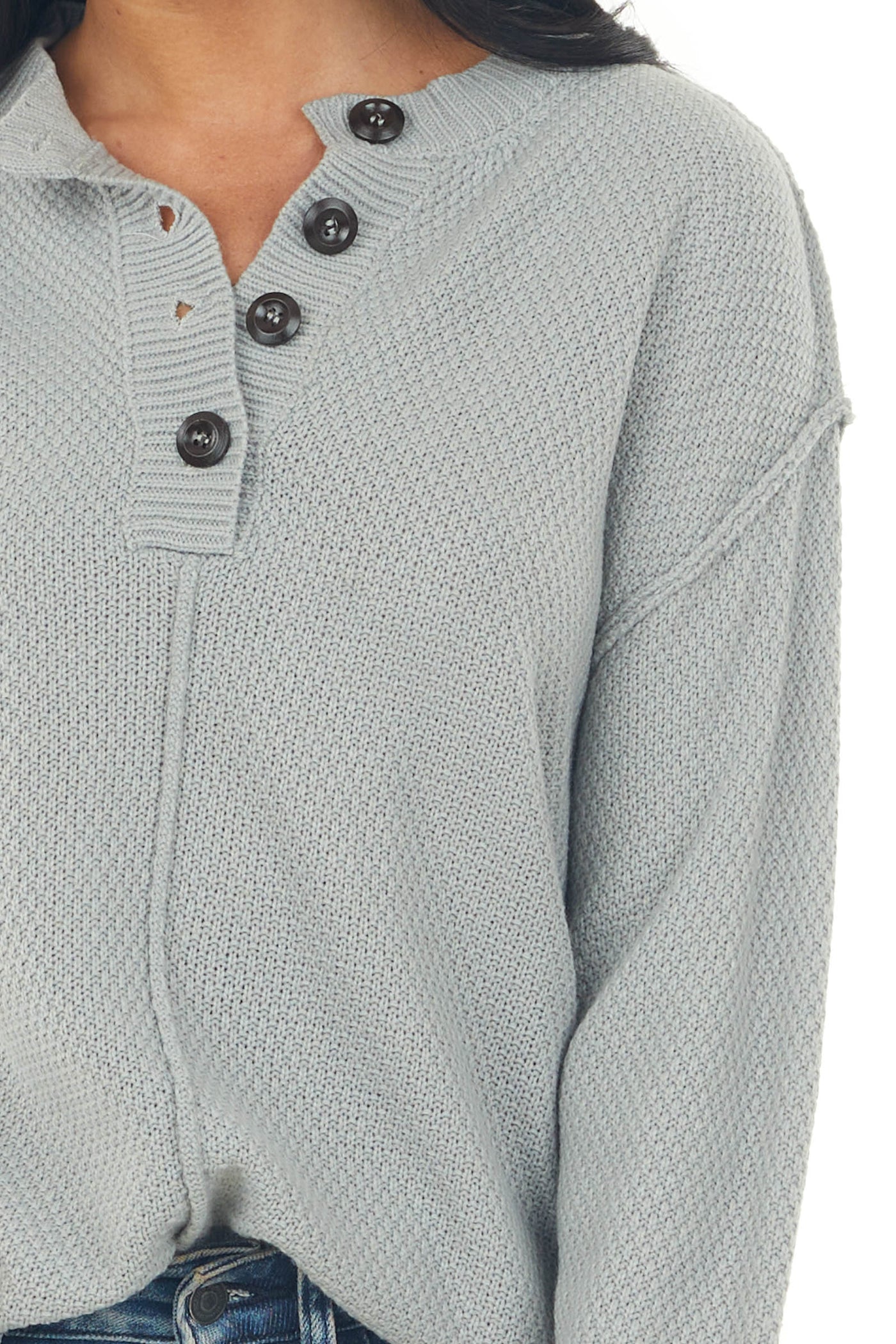 Dove Grey Drop Shoulder Henley Knit Sweater