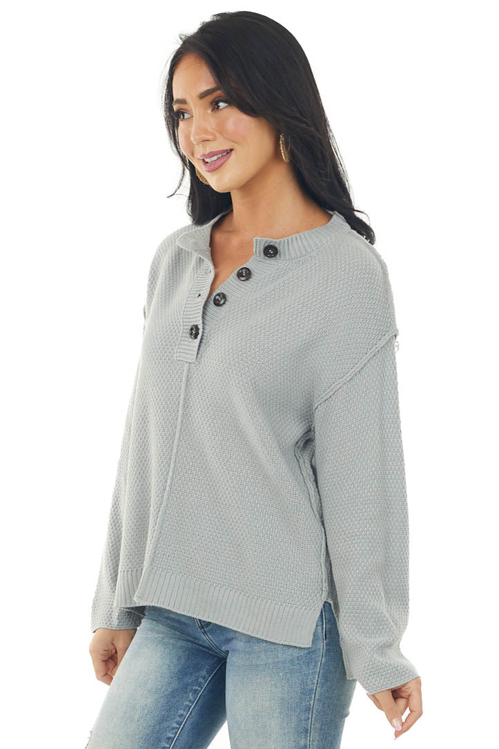 Dove Grey Drop Shoulder Henley Knit Sweater