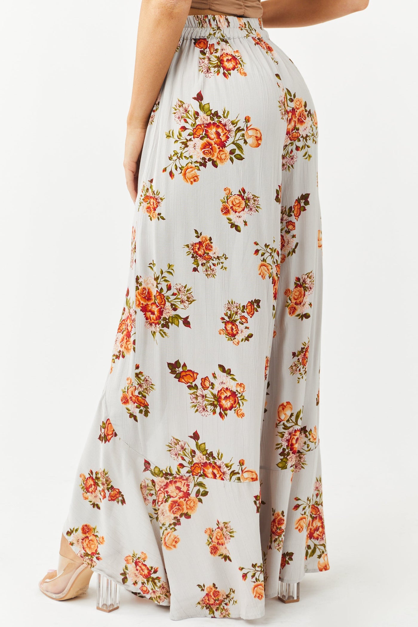 Dove Grey Floral Print Front Tie Wrap Leg Pants