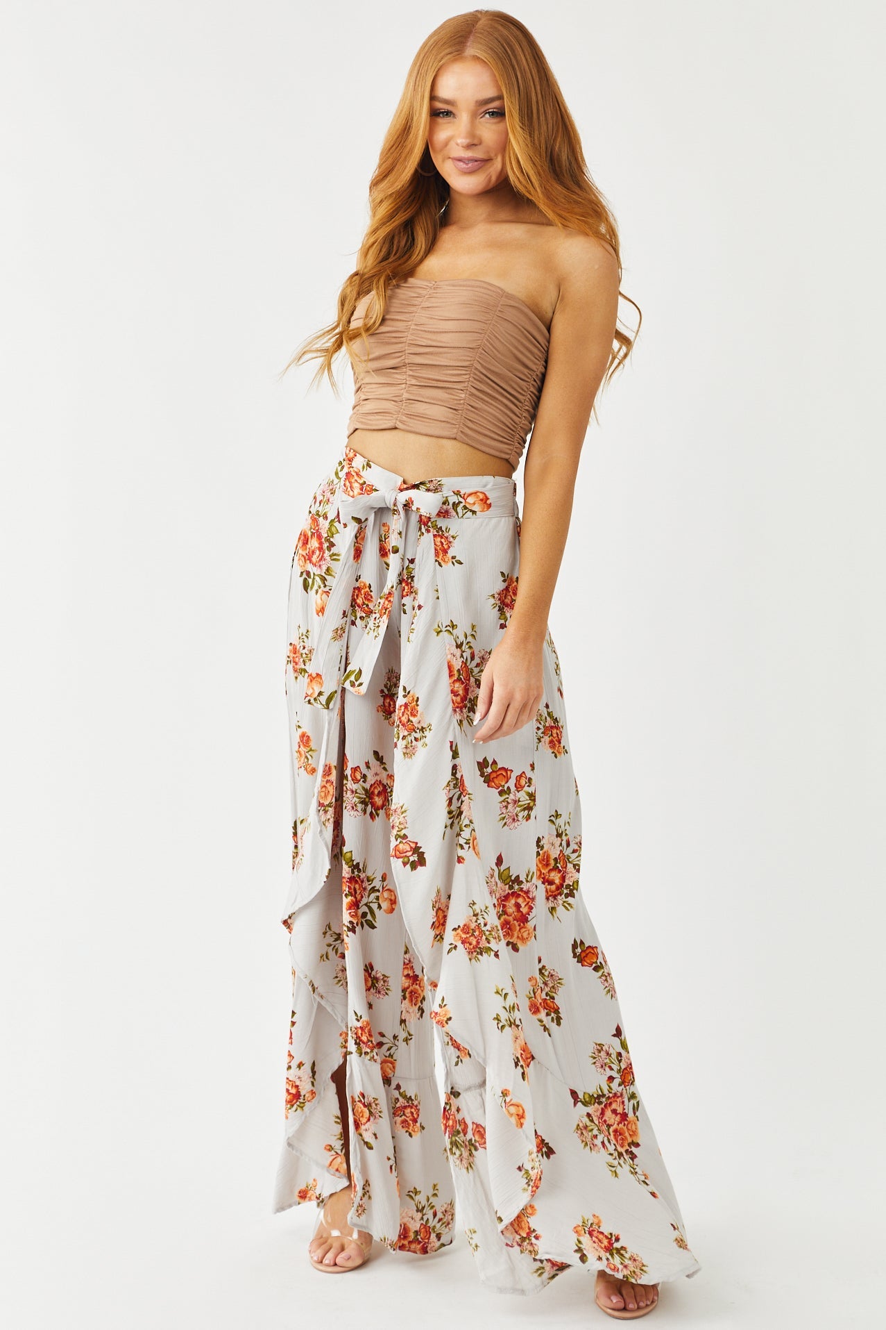 Dove Grey Floral Print Front Tie Wrap Leg Pants