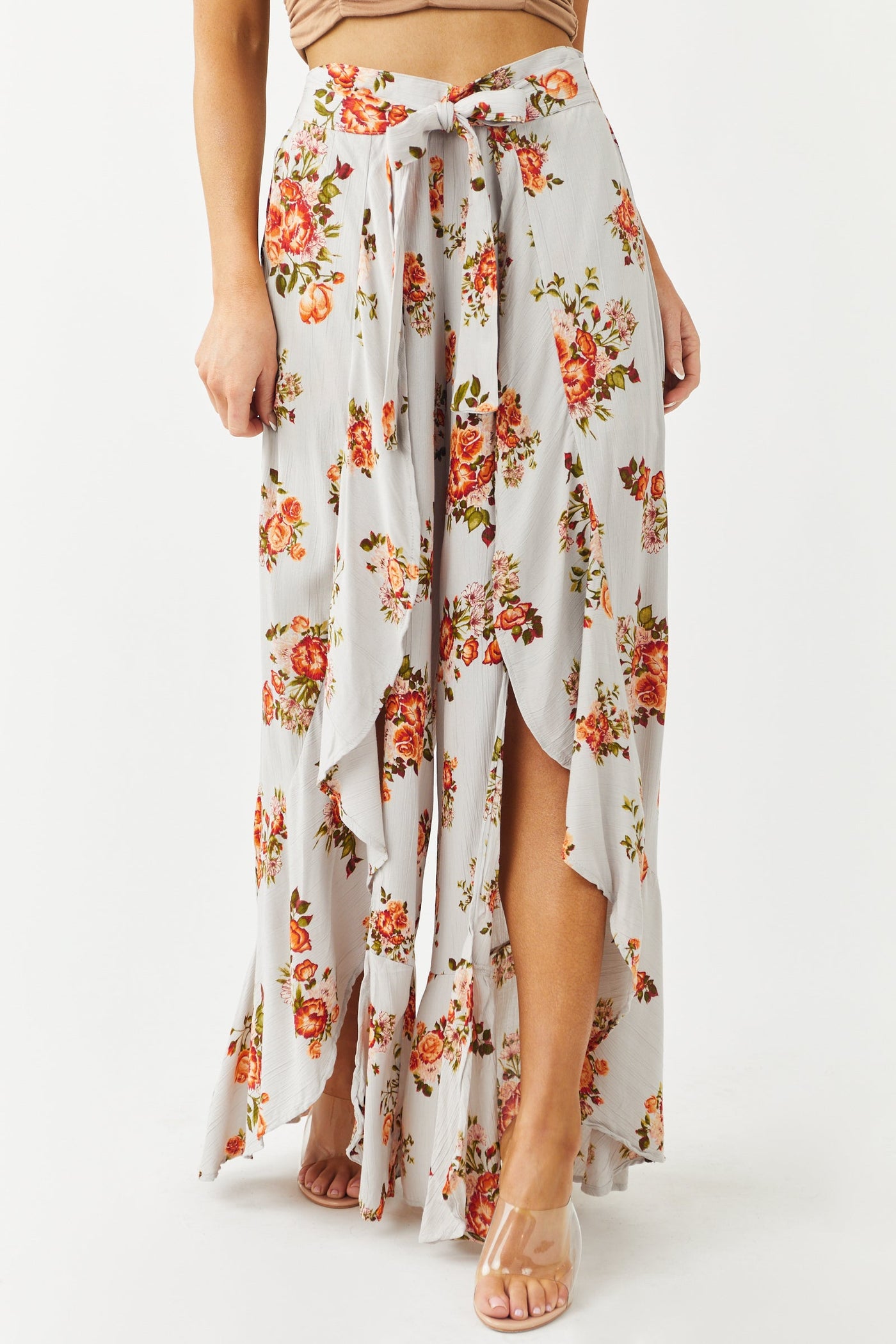 Dove Grey Floral Print Front Tie Wrap Leg Pants