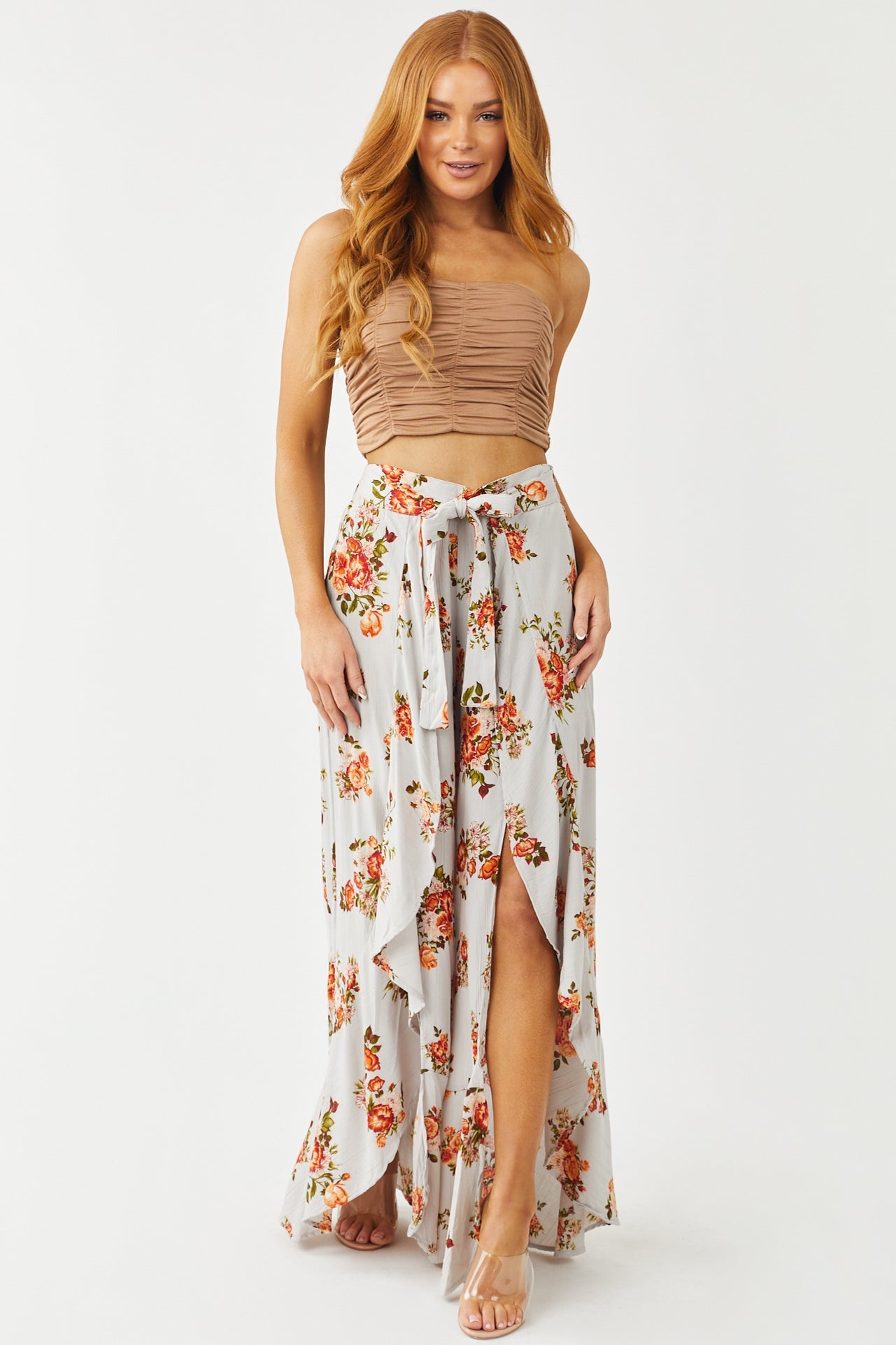 Dove Grey Floral Print Front Tie Wrap Leg Pants