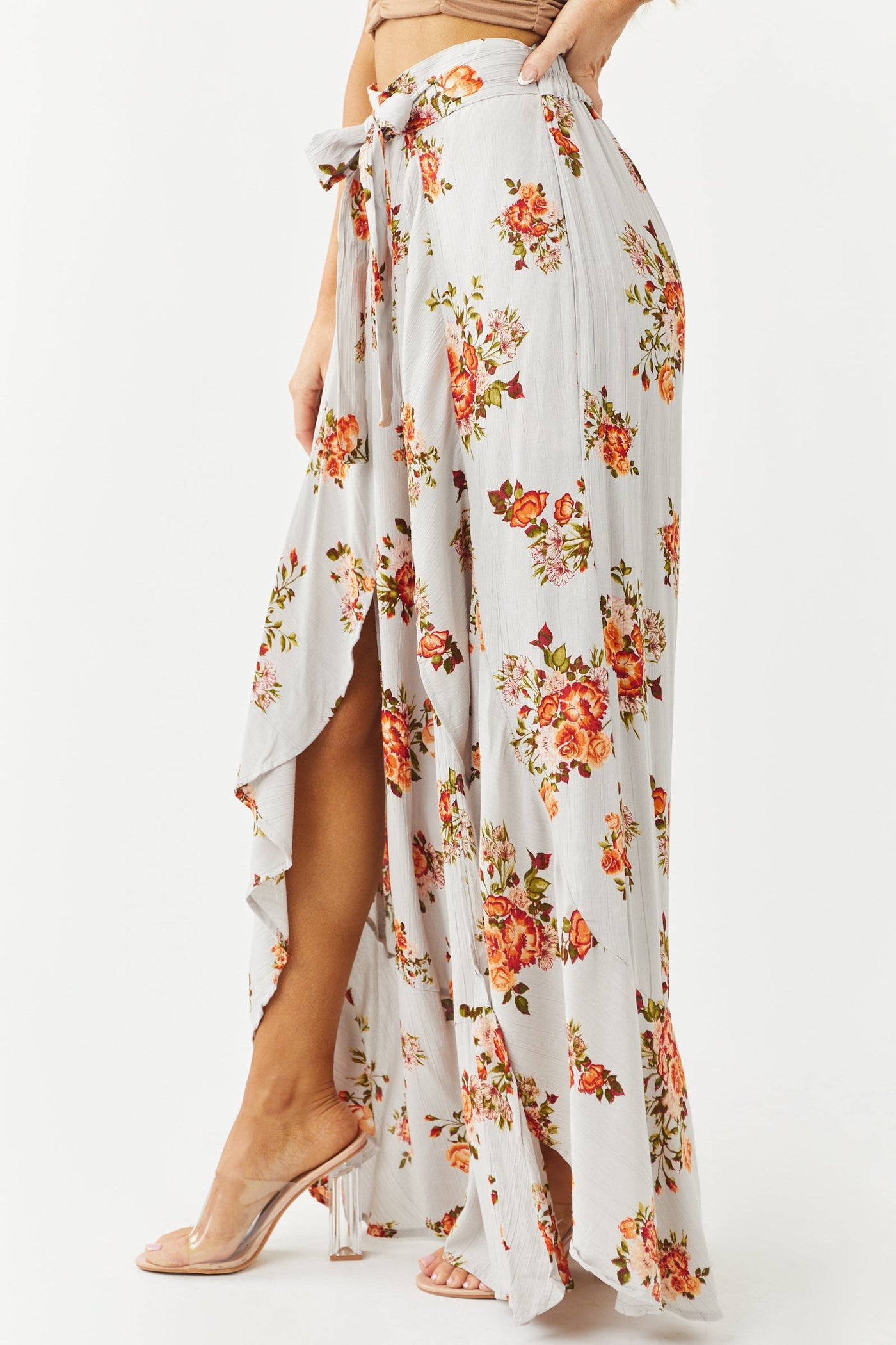 Dove Grey Floral Print Front Tie Wrap Leg Pants