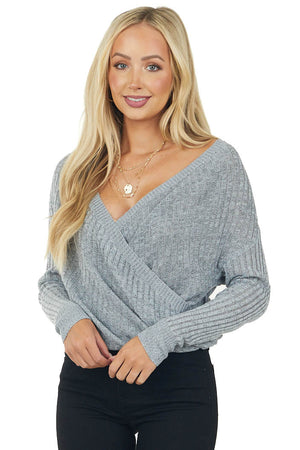 Dove Grey Long Sleeve Sweater Wrap Knit Top