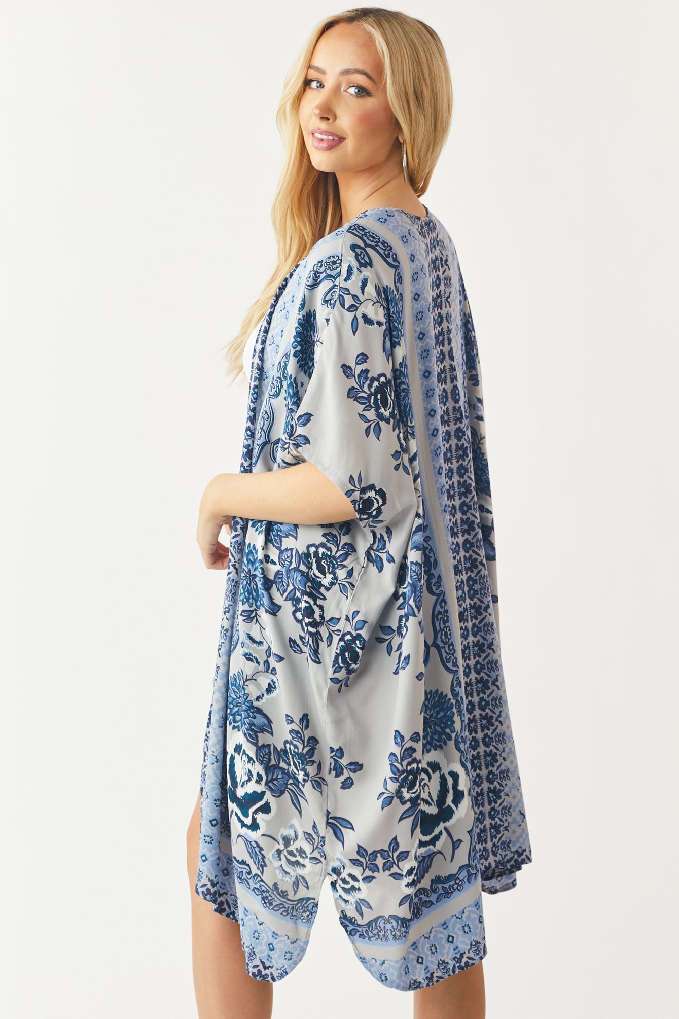 Dove Grey Printed Open Front Woven Kimono