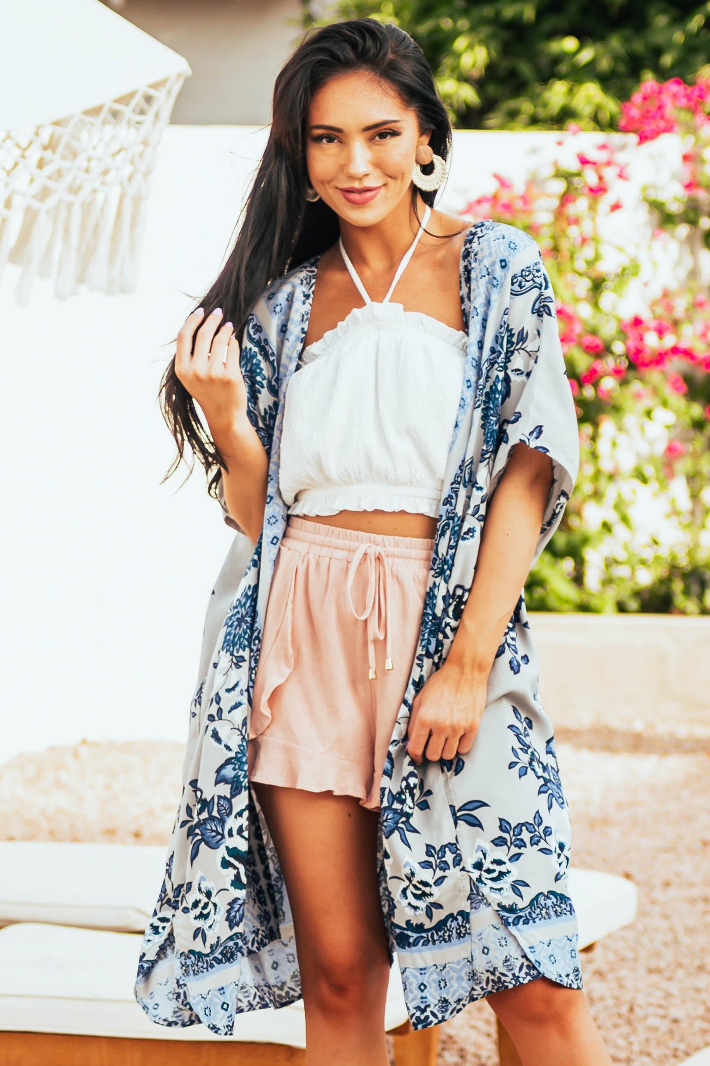 Dove Grey Printed Open Front Woven Kimono