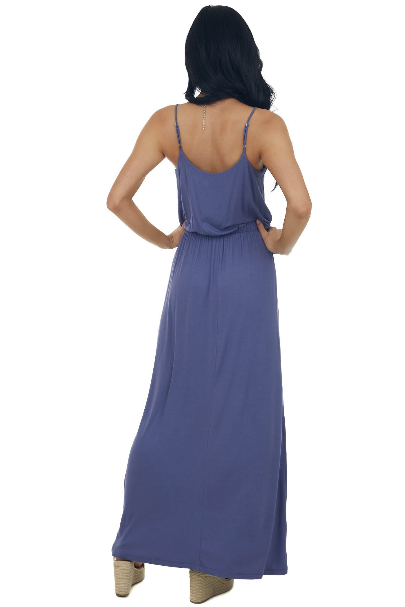 Dusty Blue Blouson Stretchy Knit Sleeveless Maxi Dress