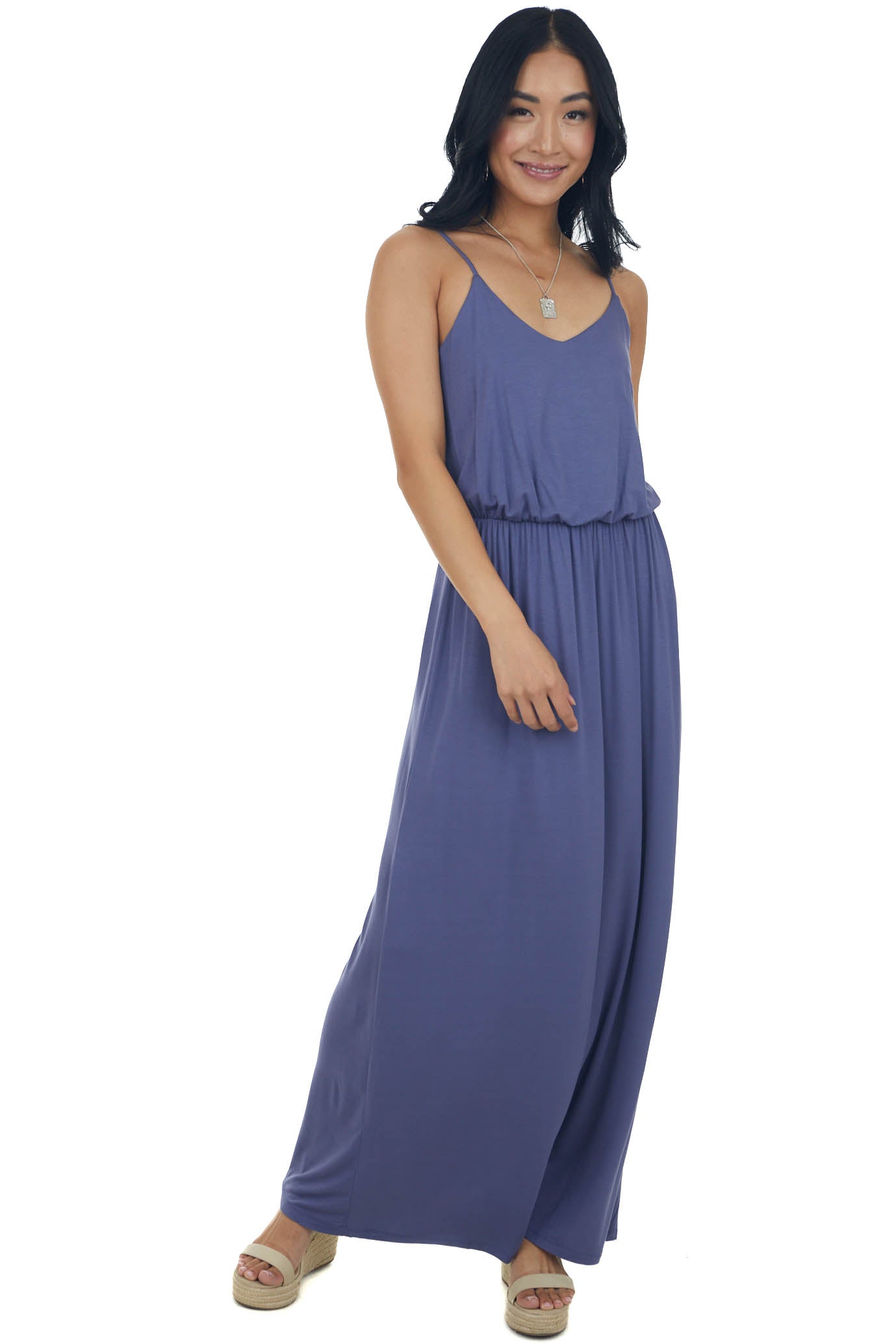 Dusty Blue Blouson Stretchy Knit Sleeveless Maxi Dress