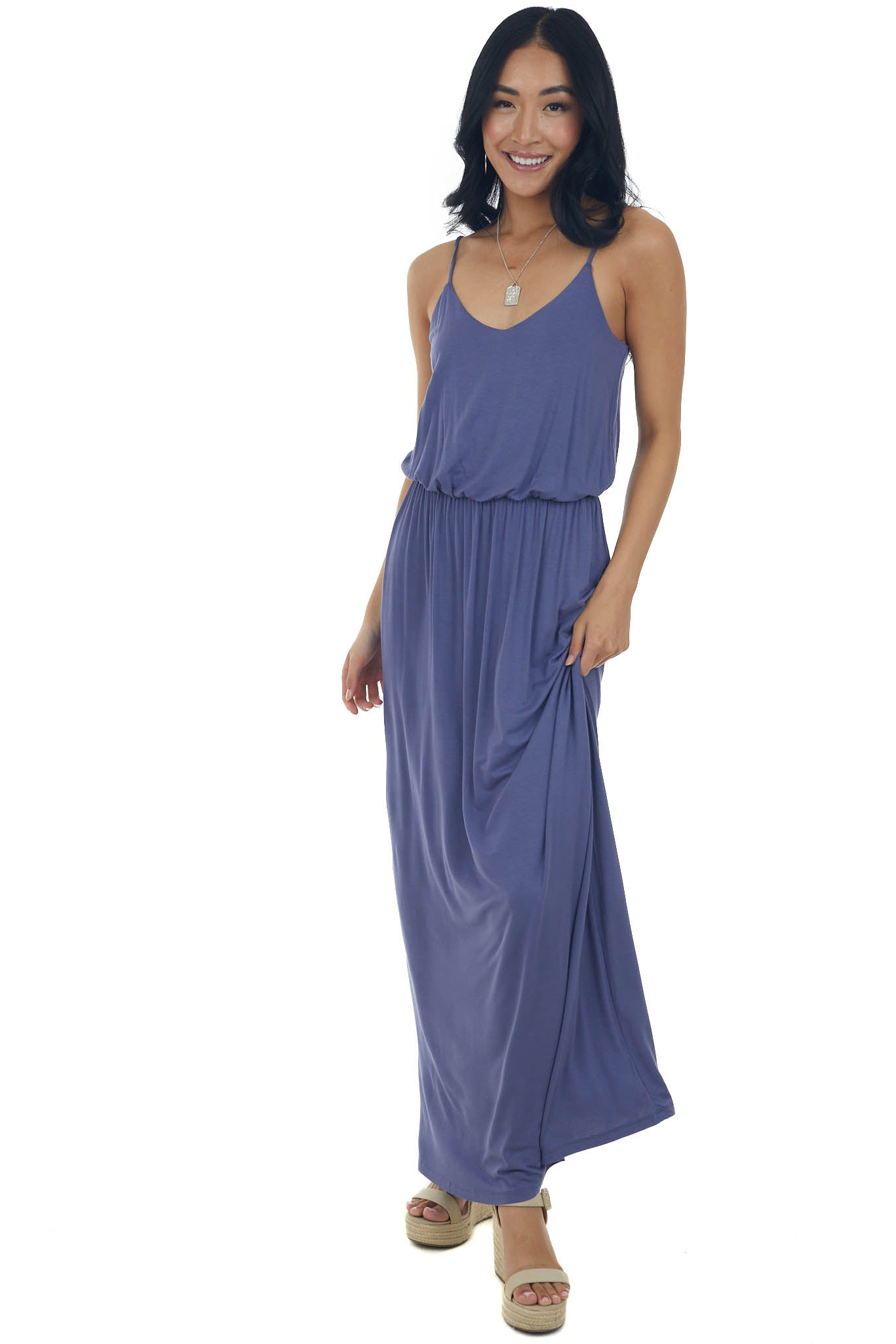 Dusty Blue Blouson Stretchy Knit Sleeveless Maxi Dress