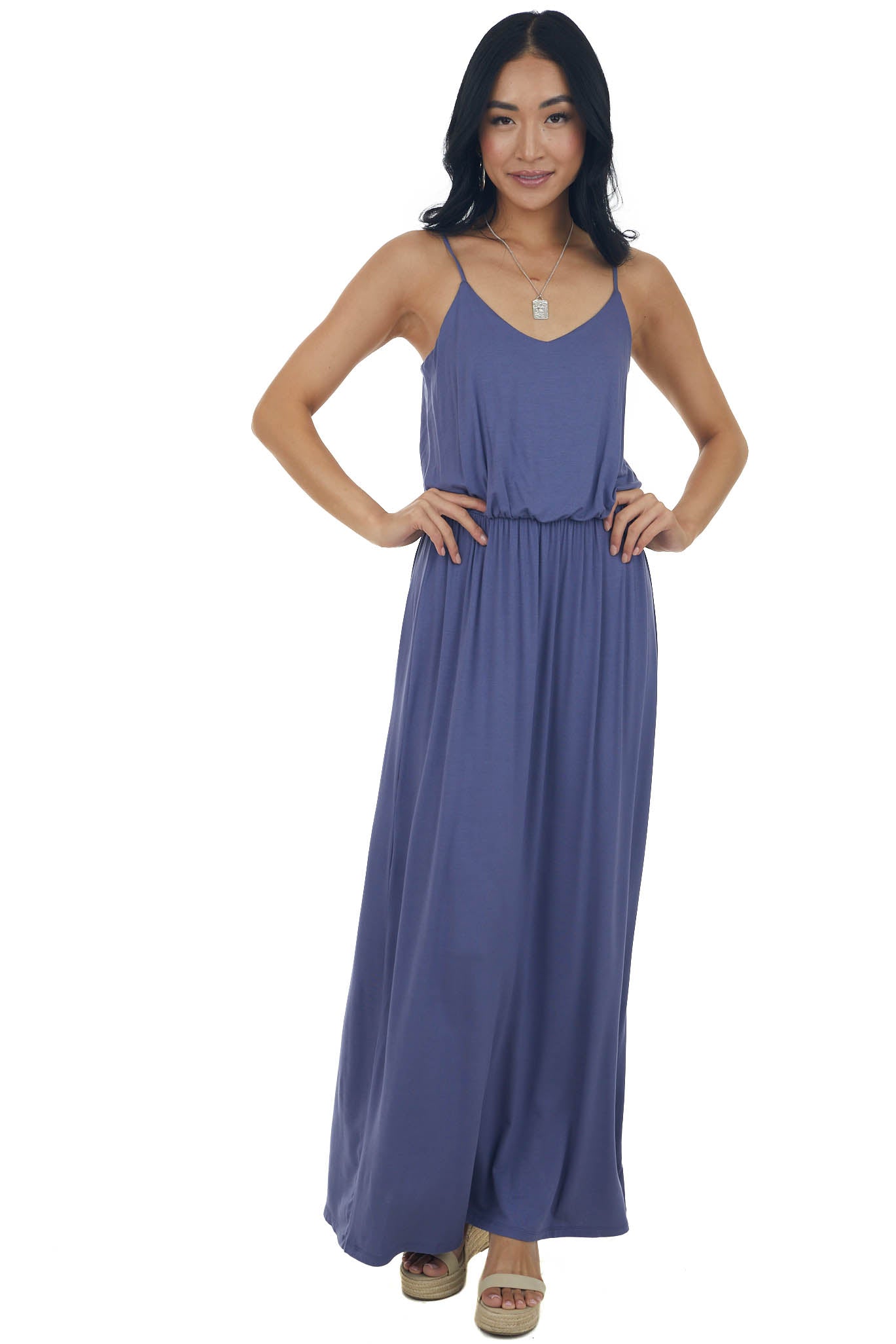 Dusty Blue Blouson Stretchy Knit Sleeveless Maxi Dress
