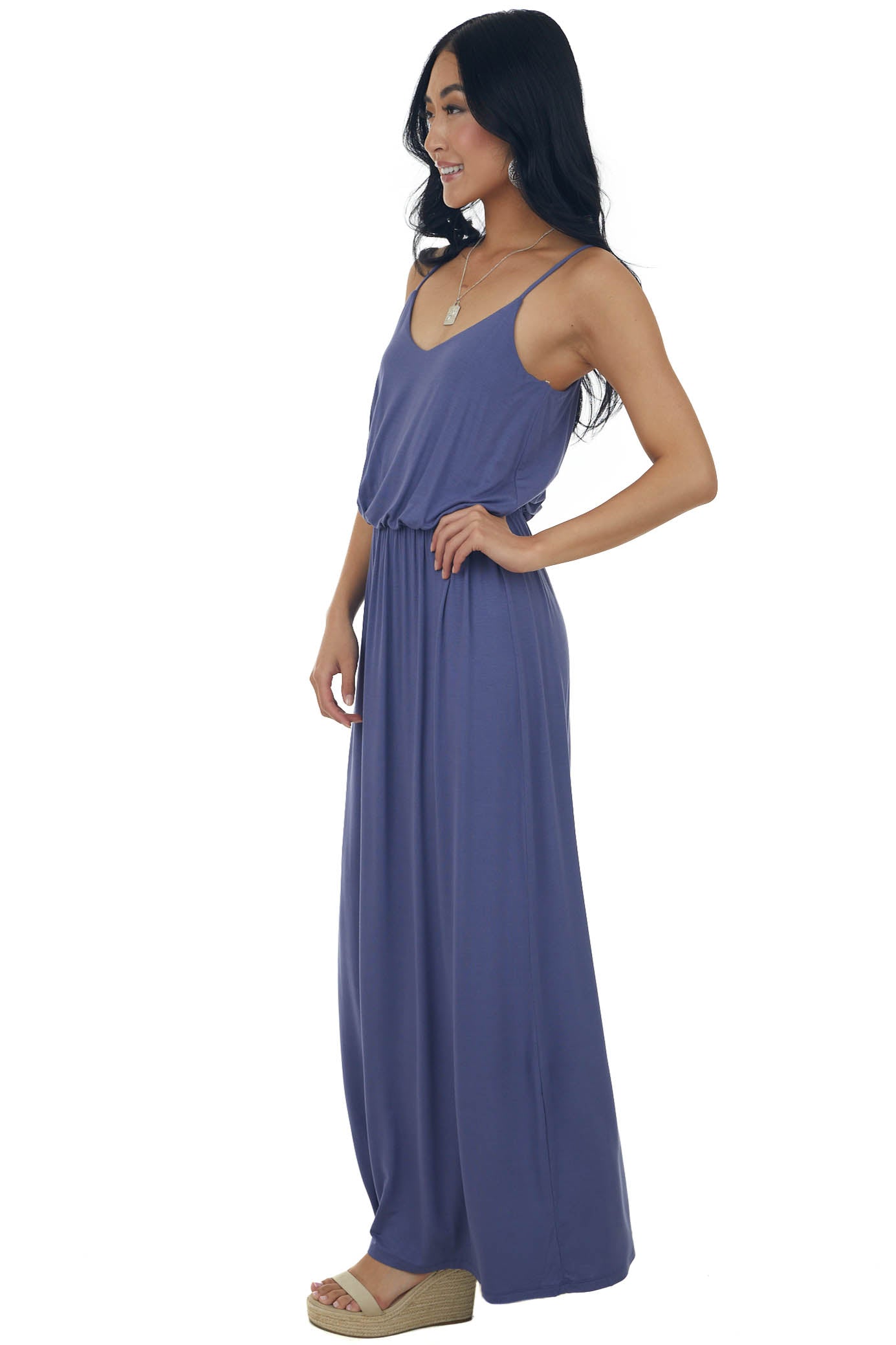 Dusty Blue Blouson Stretchy Knit Sleeveless Maxi Dress