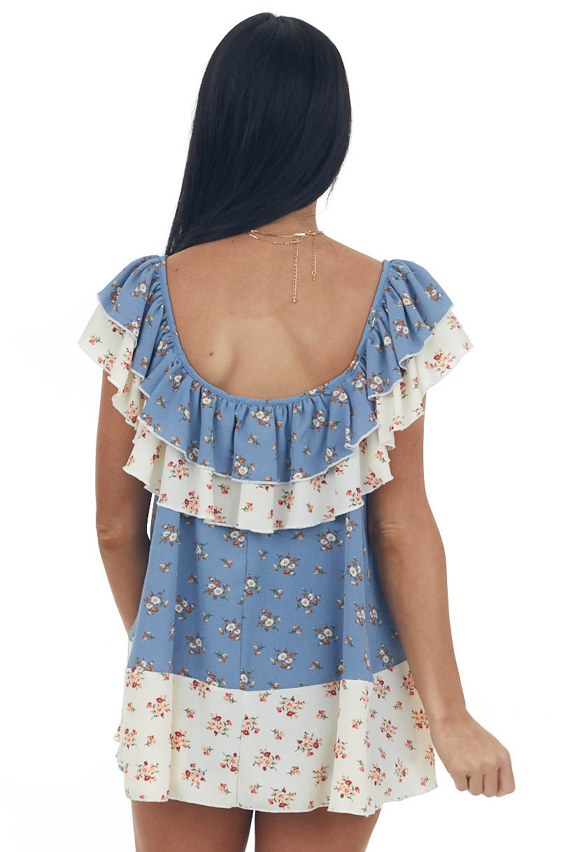 Dusty Blue Colorblock Floral Ruffle Blouse