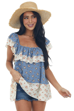 Dusty Blue Colorblock Floral Ruffle Blouse