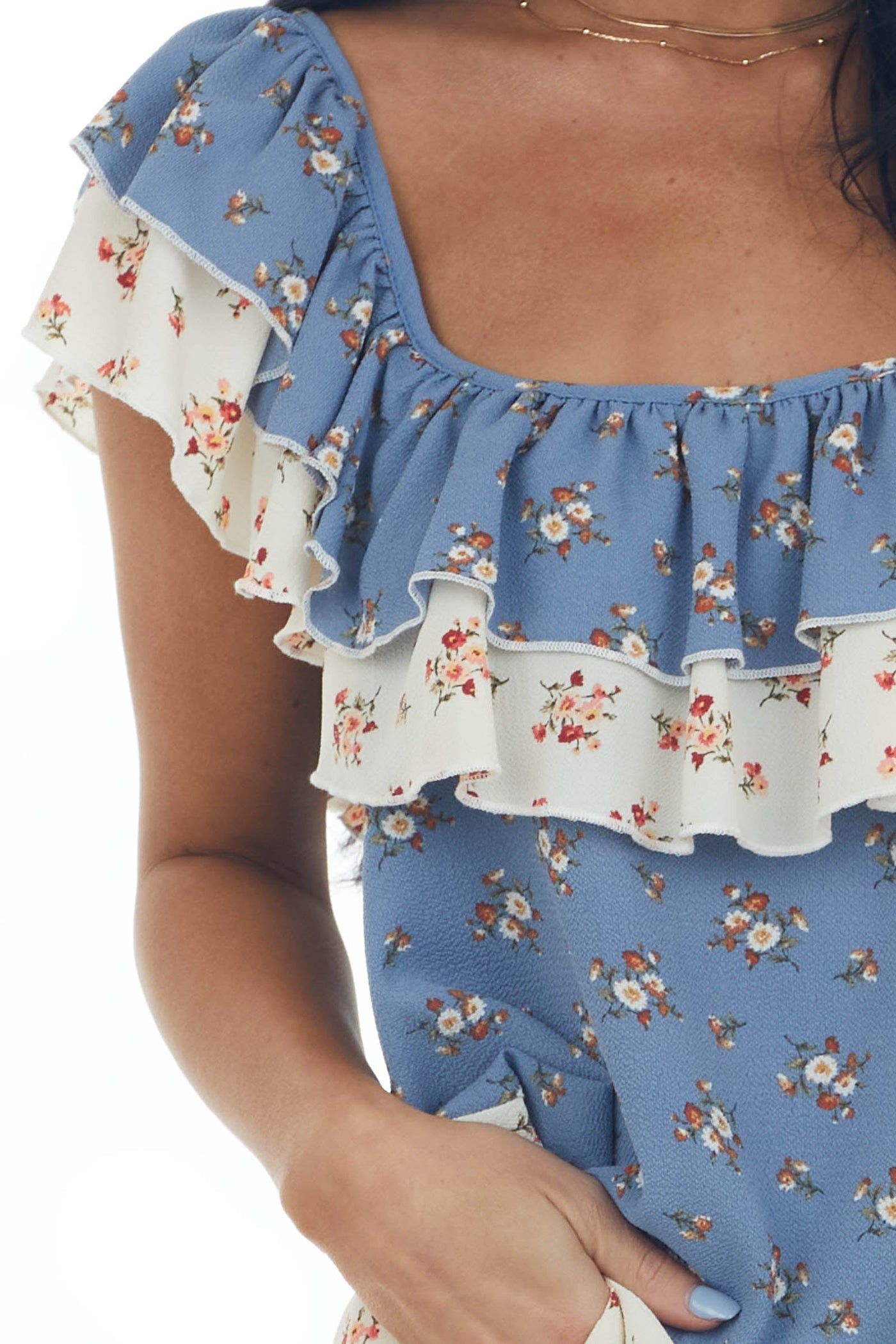 Dusty Blue Colorblock Floral Ruffle Blouse