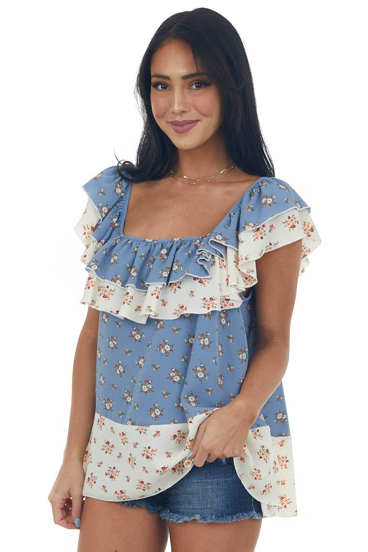 Dusty Blue Colorblock Floral Ruffle Blouse
