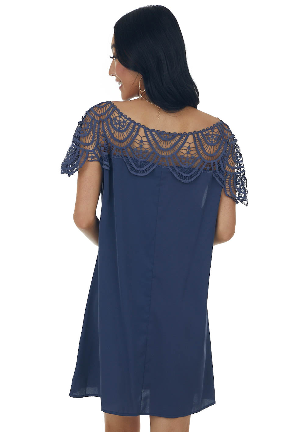 Dusty Blue Crochet Lace Yoke Woven Shift Dress