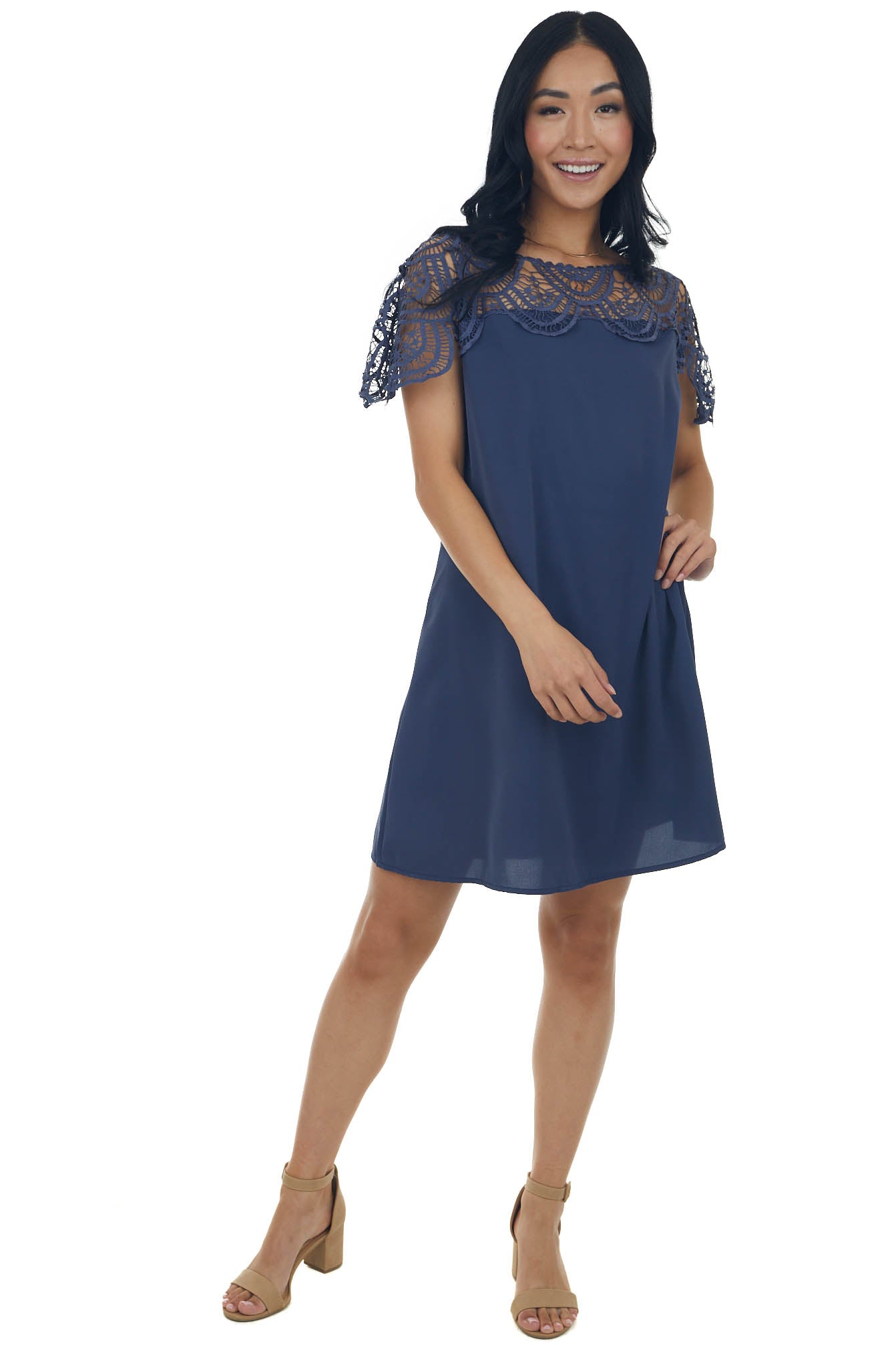 Dusty Blue Crochet Lace Yoke Woven Shift Dress