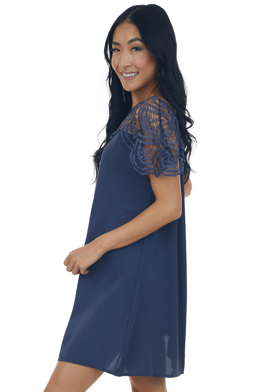 Dusty Blue Crochet Lace Yoke Woven Shift Dress