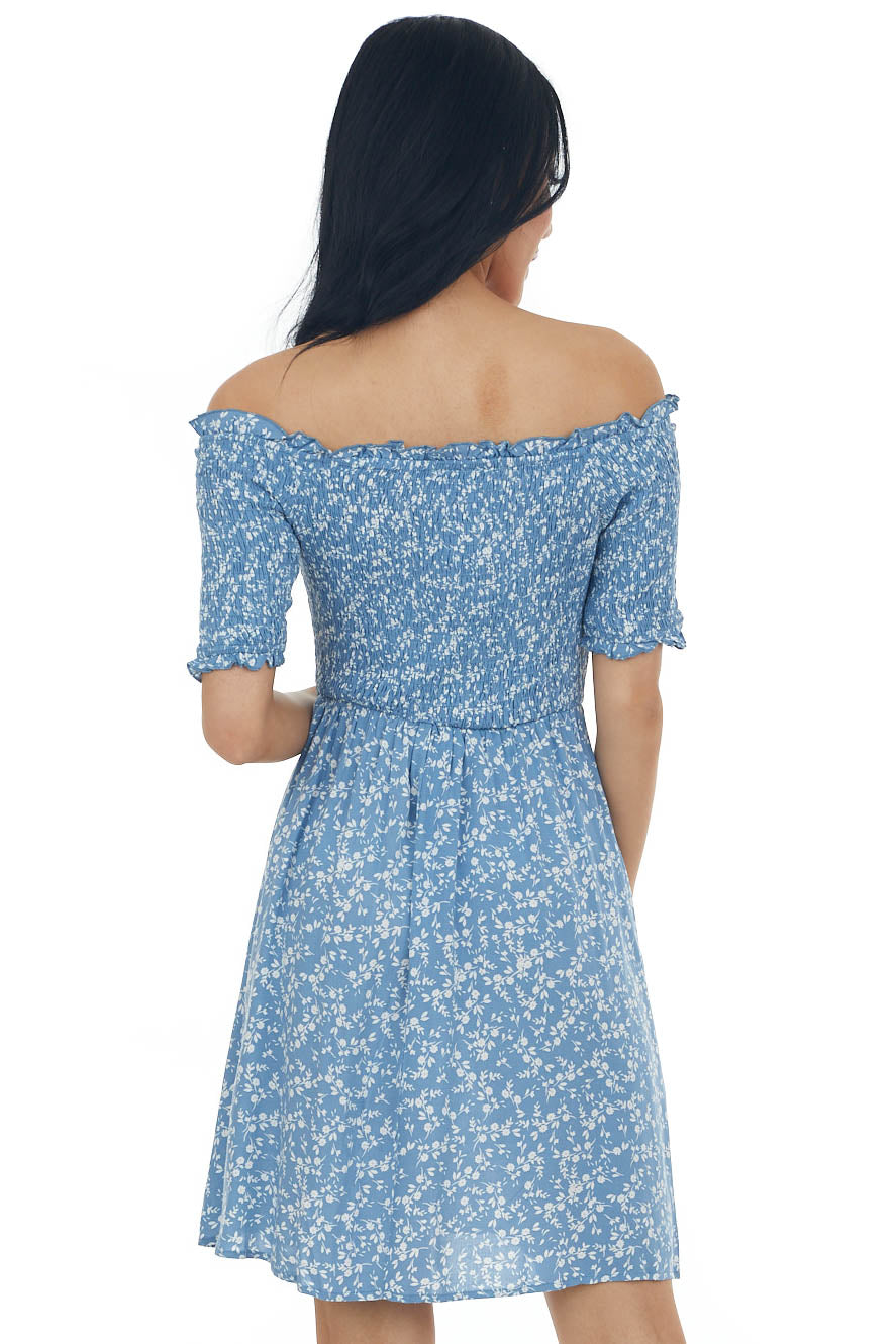 Dusty Blue Ditsy Floral Smocked Bodice Dress