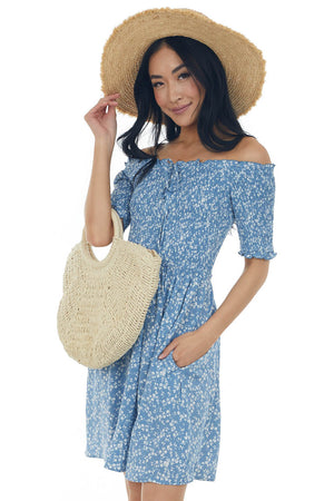 Dusty Blue Ditsy Floral Smocked Bodice Dress