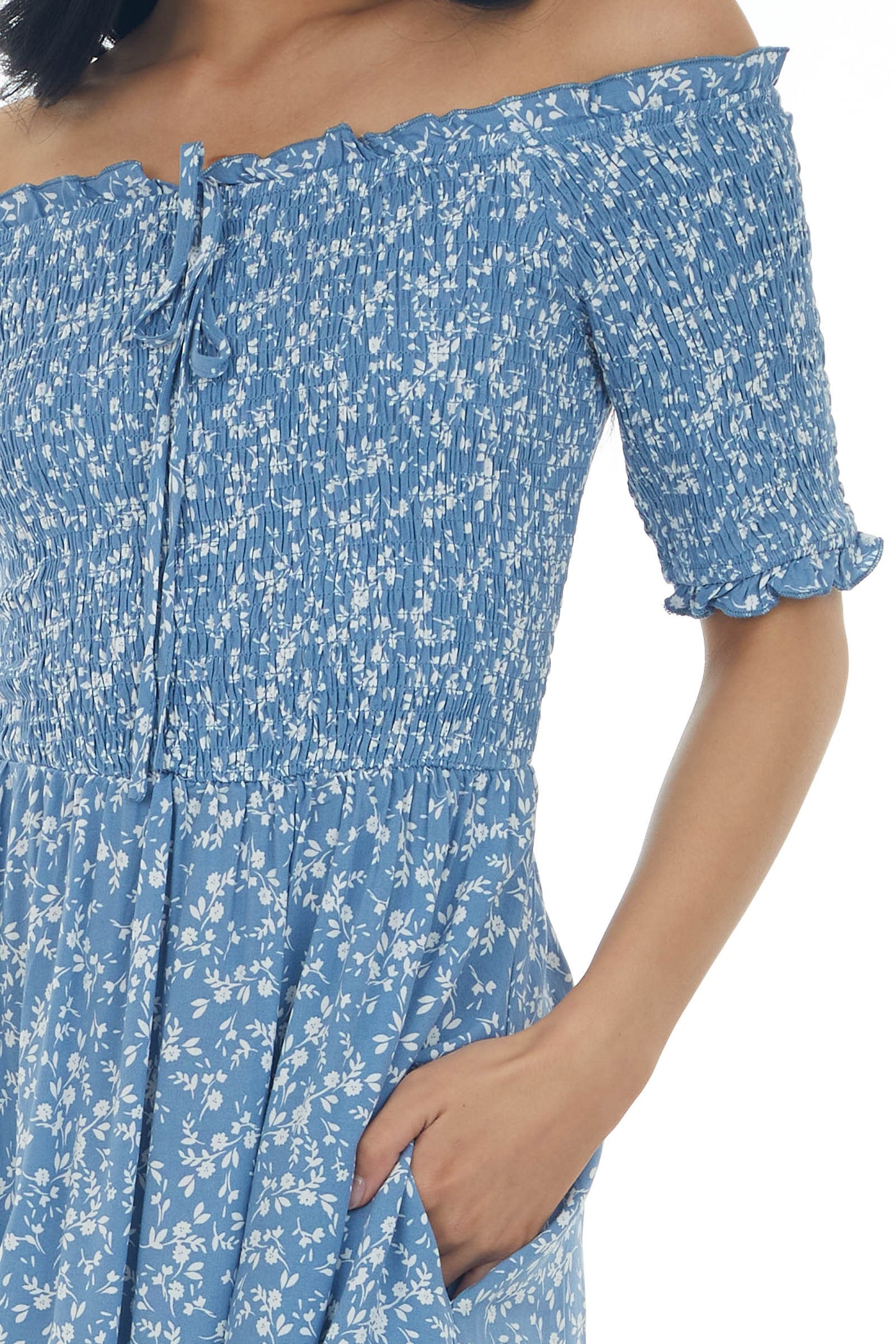 Dusty Blue Ditsy Floral Smocked Bodice Dress