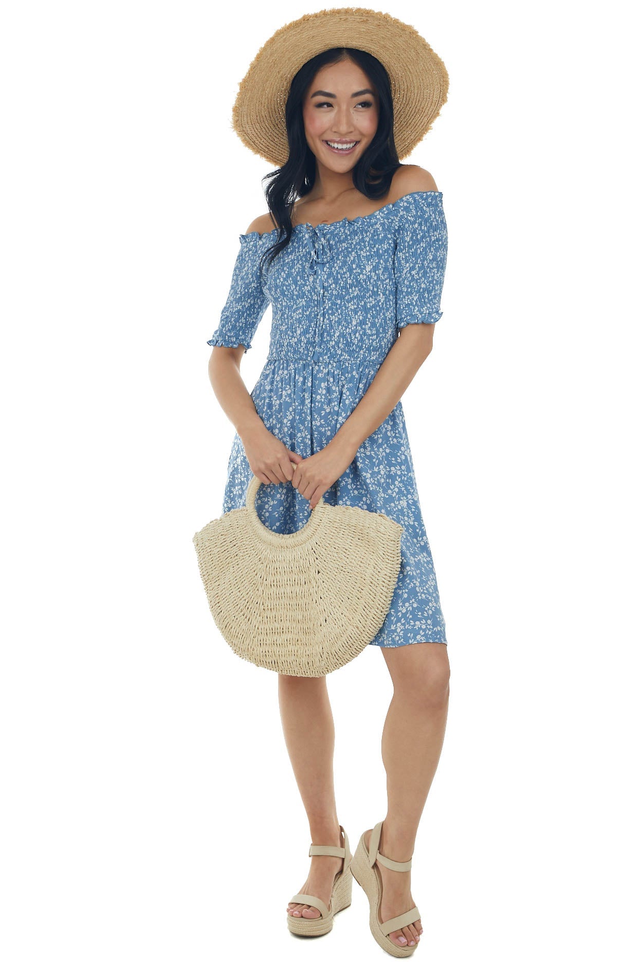 Dusty Blue Ditsy Floral Smocked Bodice Dress