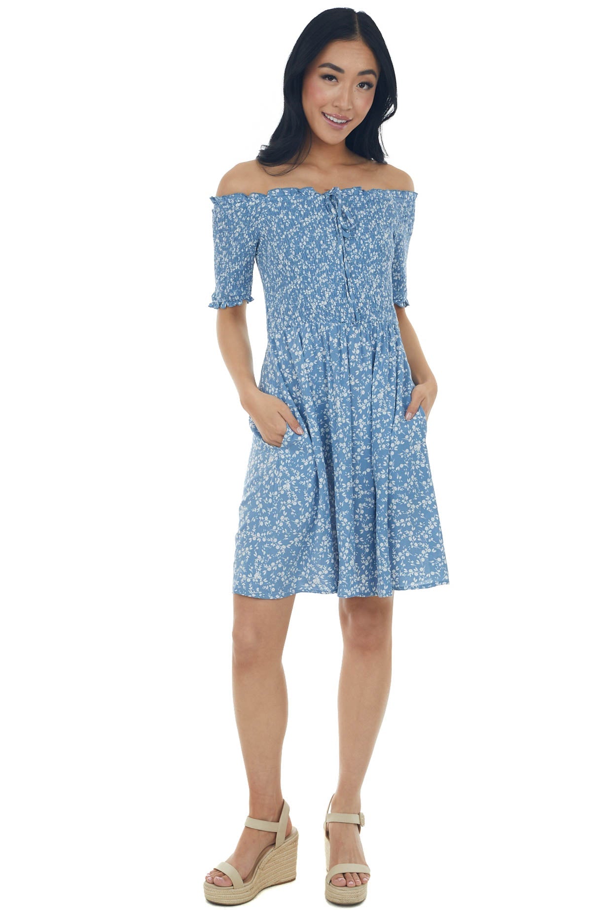 Dusty Blue Ditsy Floral Smocked Bodice Dress