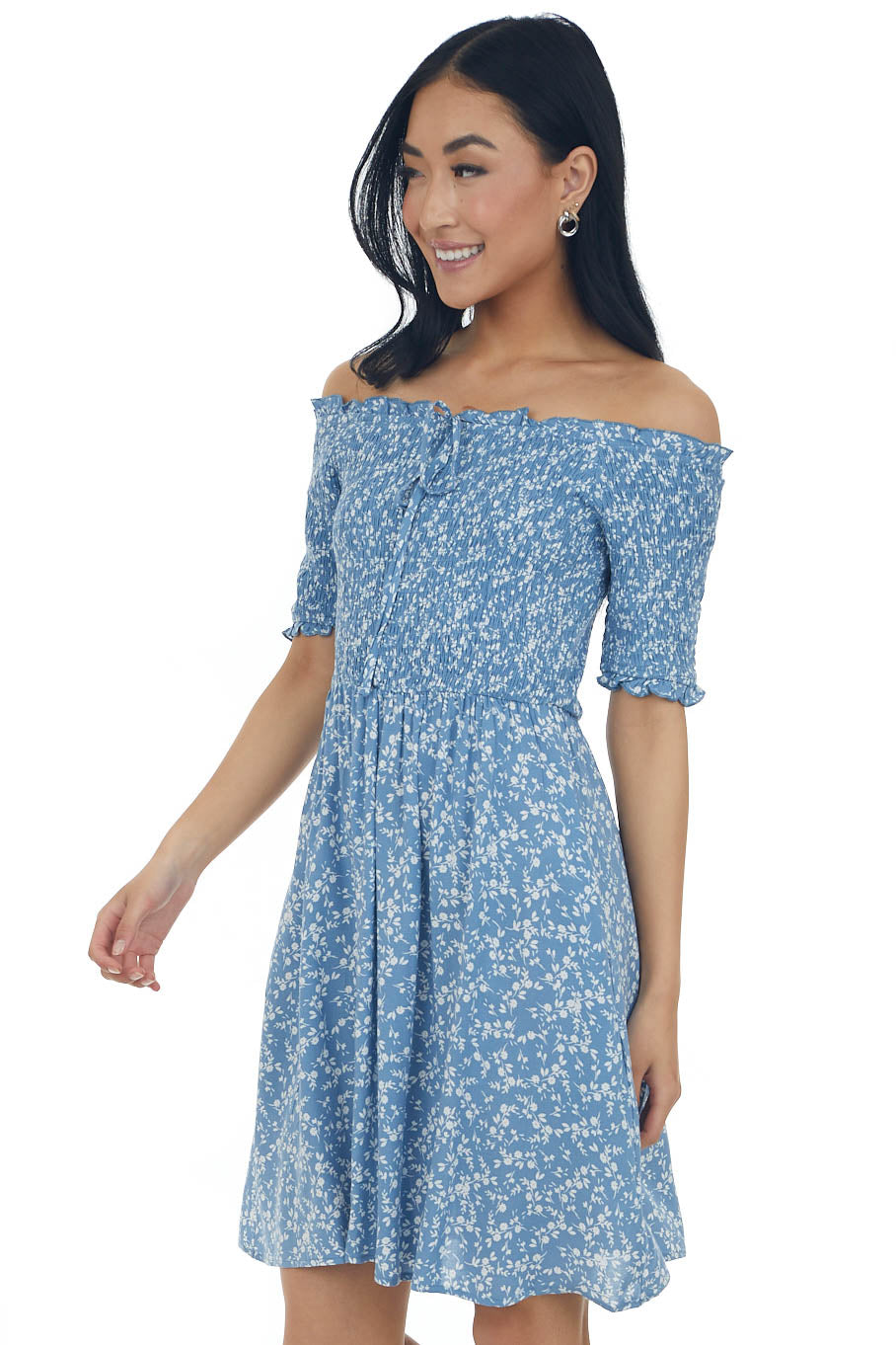 Dusty Blue Ditsy Floral Smocked Bodice Dress