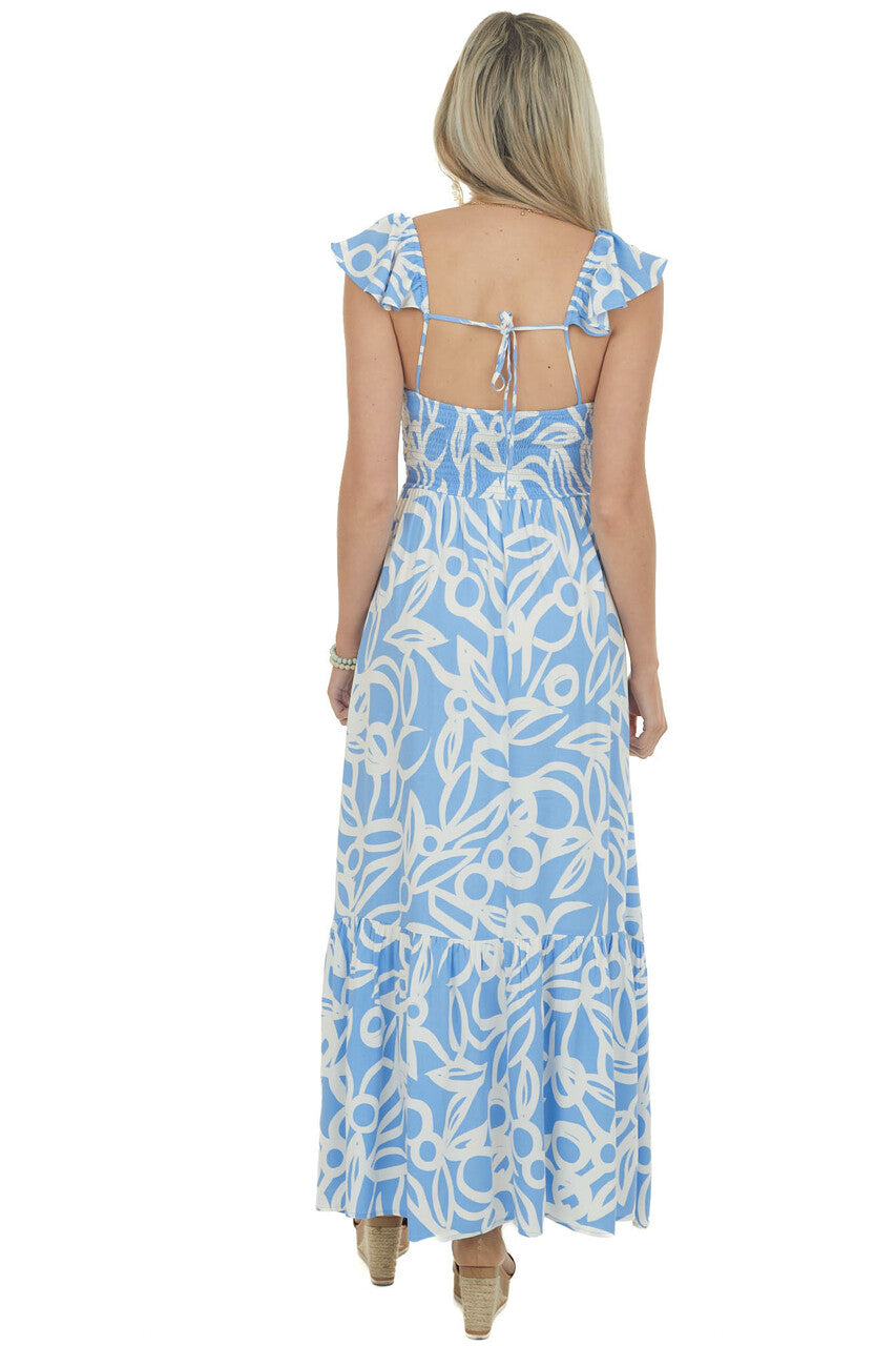 Dusty Blue Floral Open Back Smocked Maxi Dress
