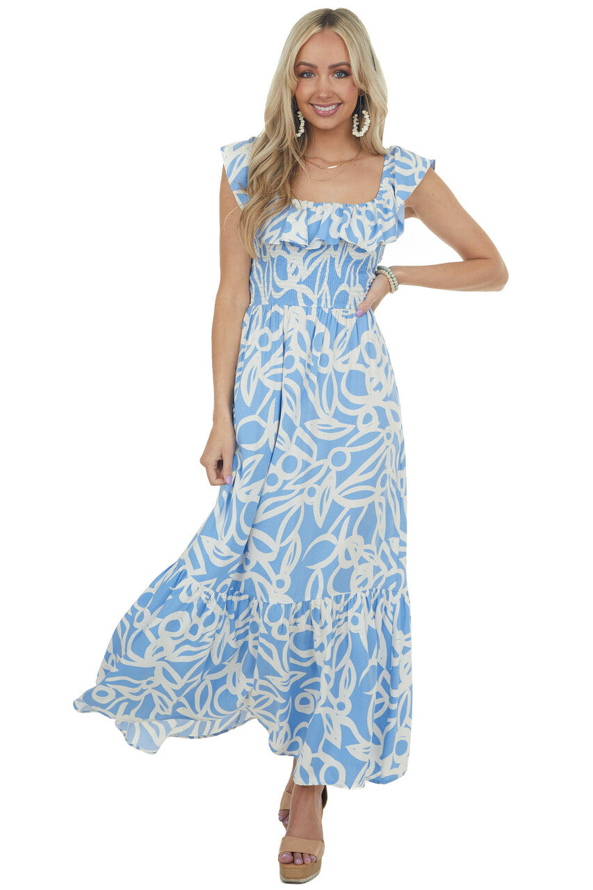 Dusty Blue Floral Open Back Smocked Maxi Dress
