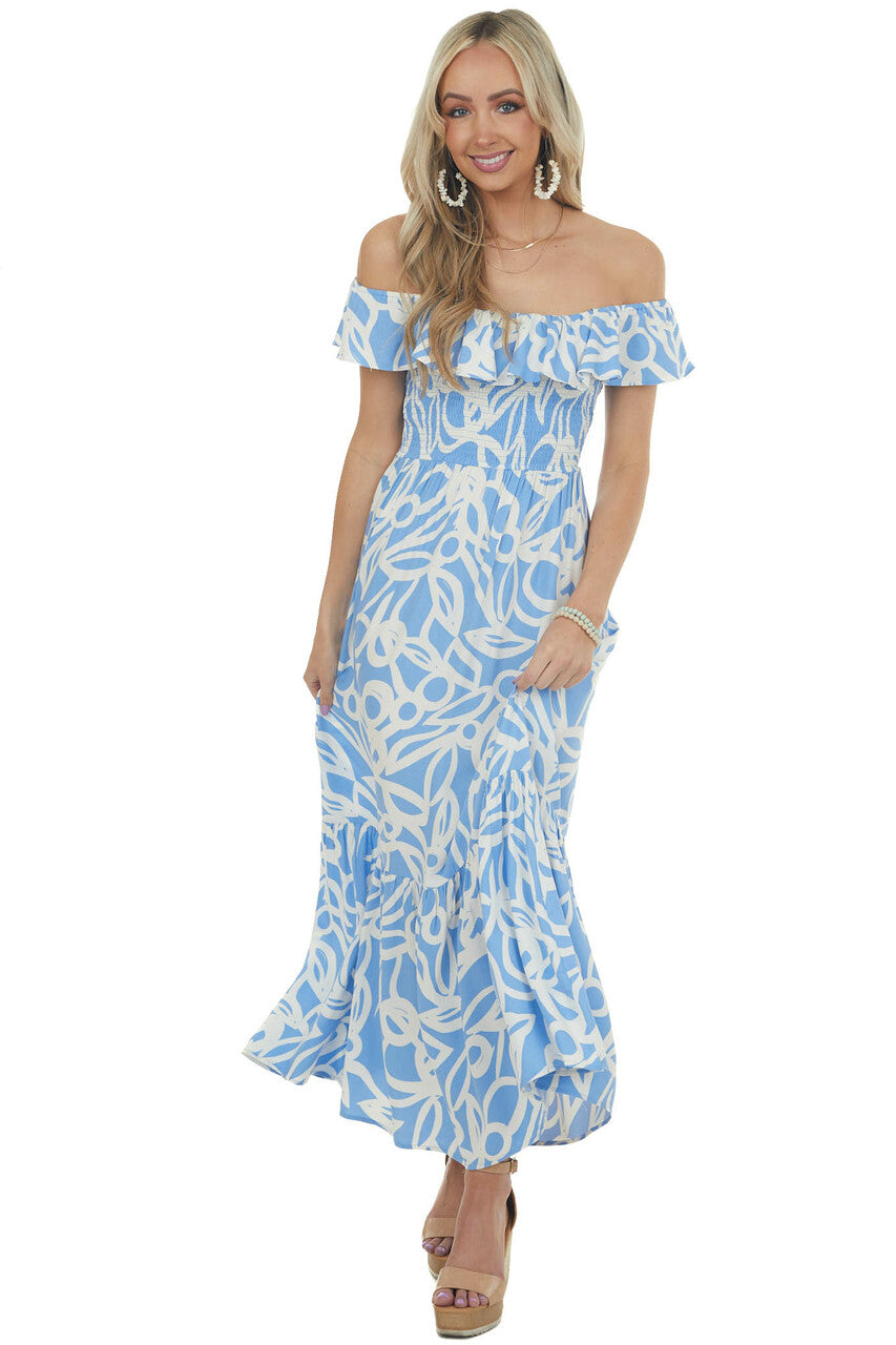 Dusty Blue Floral Open Back Smocked Maxi Dress