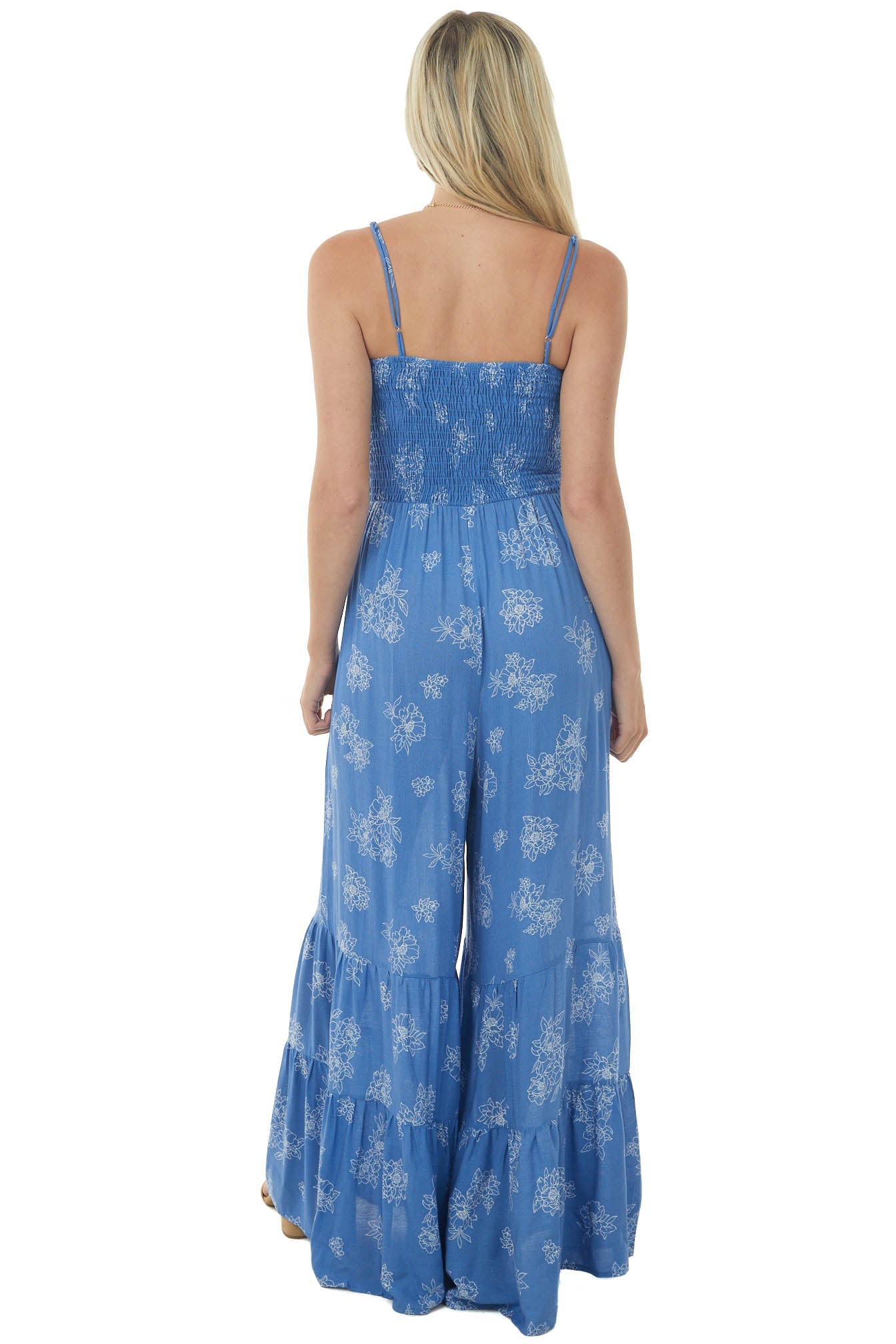 Dusty Blue Floral Sleeveless Smocked Jumpsuit
