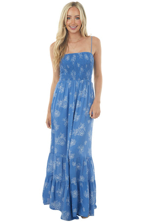 Dusty Blue Floral Sleeveless Smocked Jumpsuit