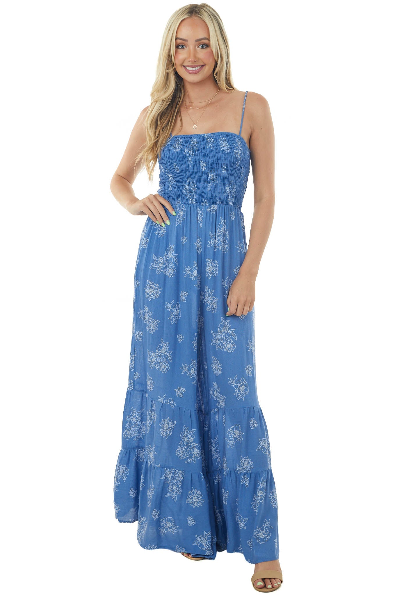 Dusty Blue Floral Sleeveless Smocked Jumpsuit