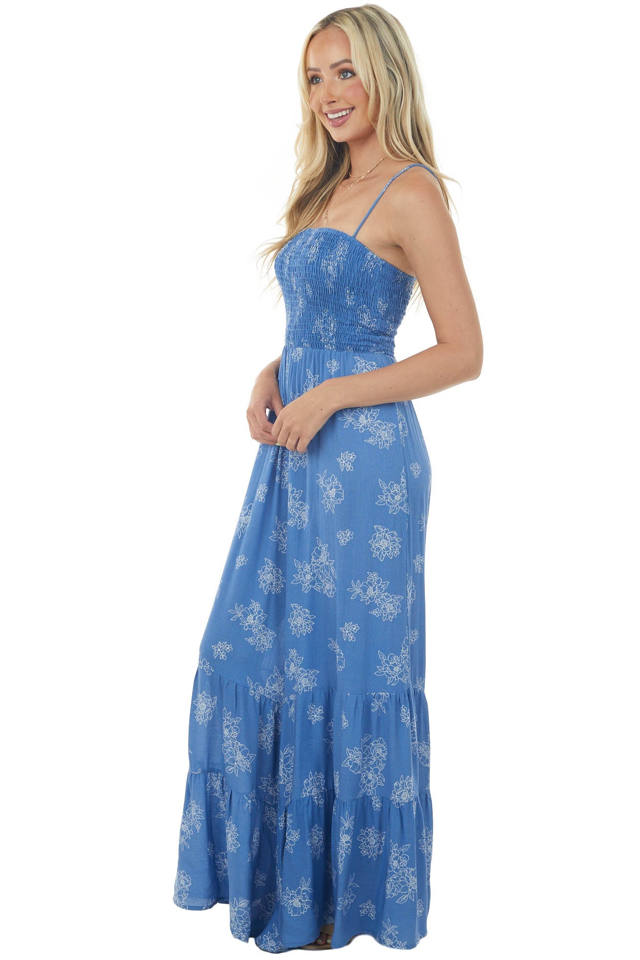 Dusty Blue Floral Sleeveless Smocked Jumpsuit