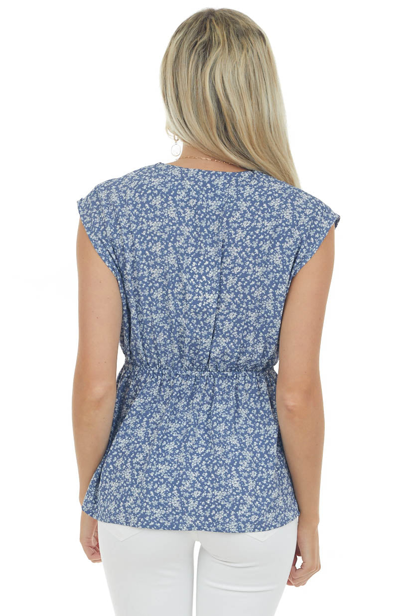 Dusty Blue Floral Surplice Sleeveless Blouse